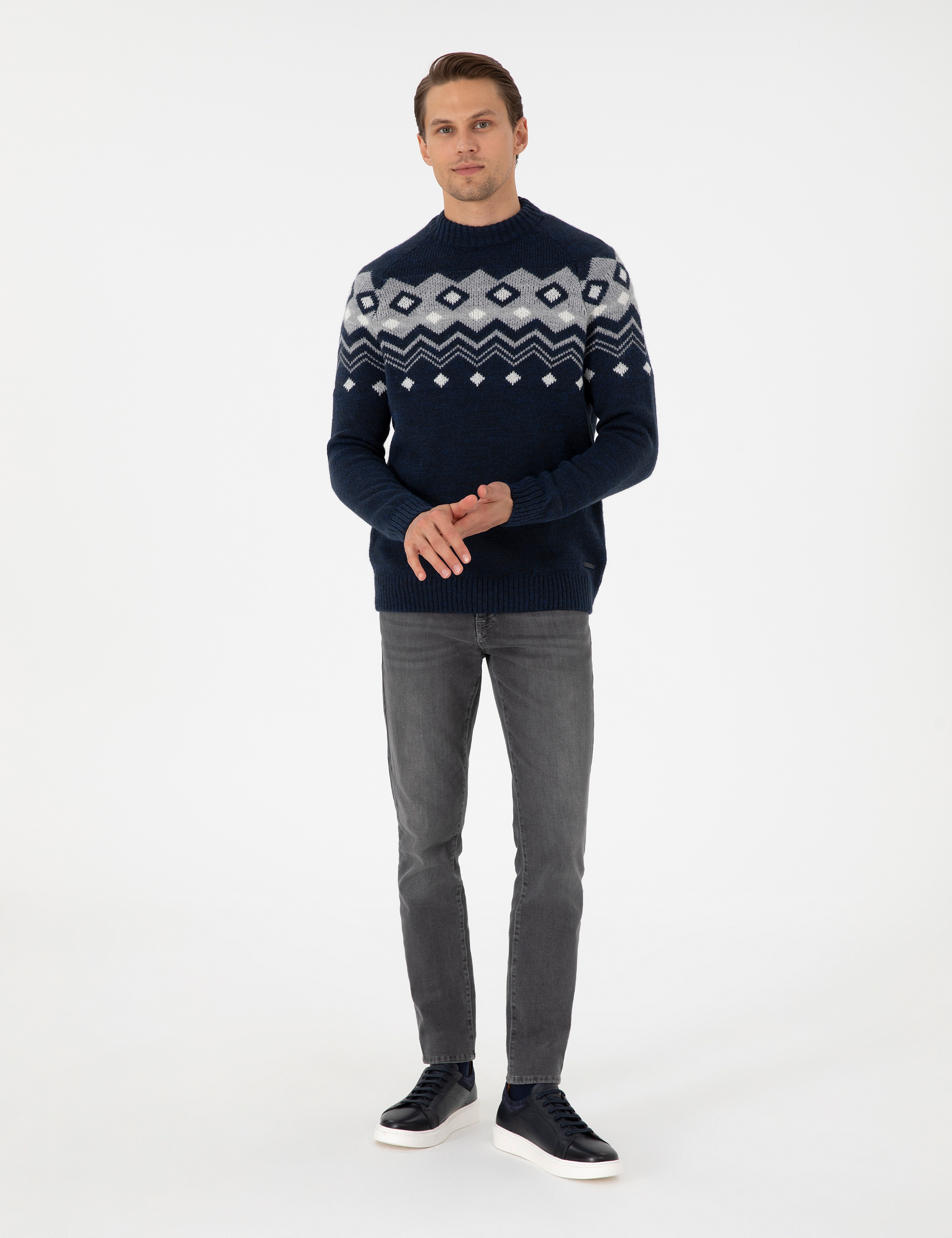 Lacivert Slim Fit Çeyrek Yaka Triko Kazak