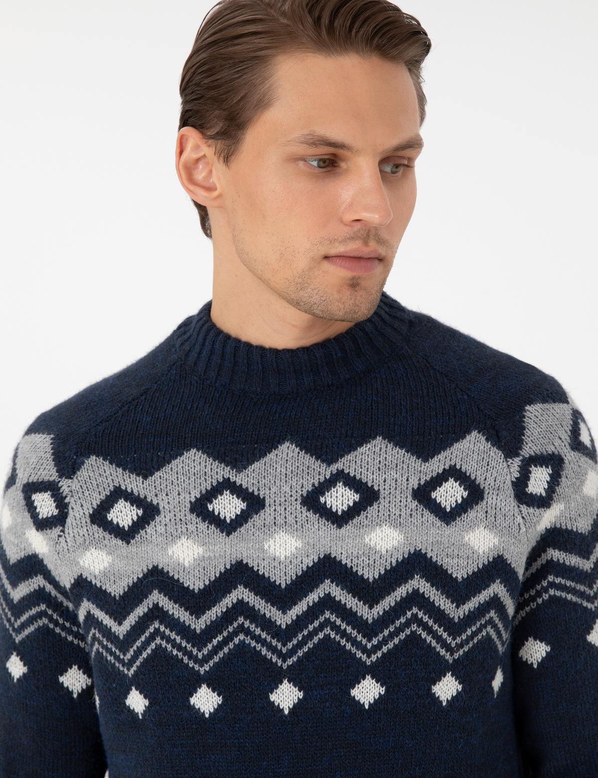 Lacivert Slim Fit Çeyrek Yaka Triko Kazak - 50296448011