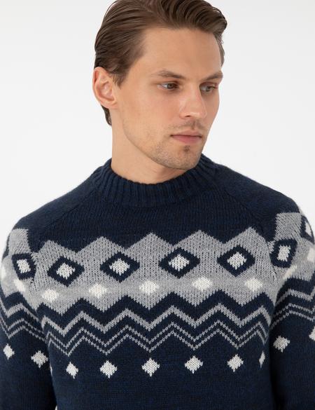 Lacivert Slim Fit Çeyrek Yaka Triko Kazak - 50296448011