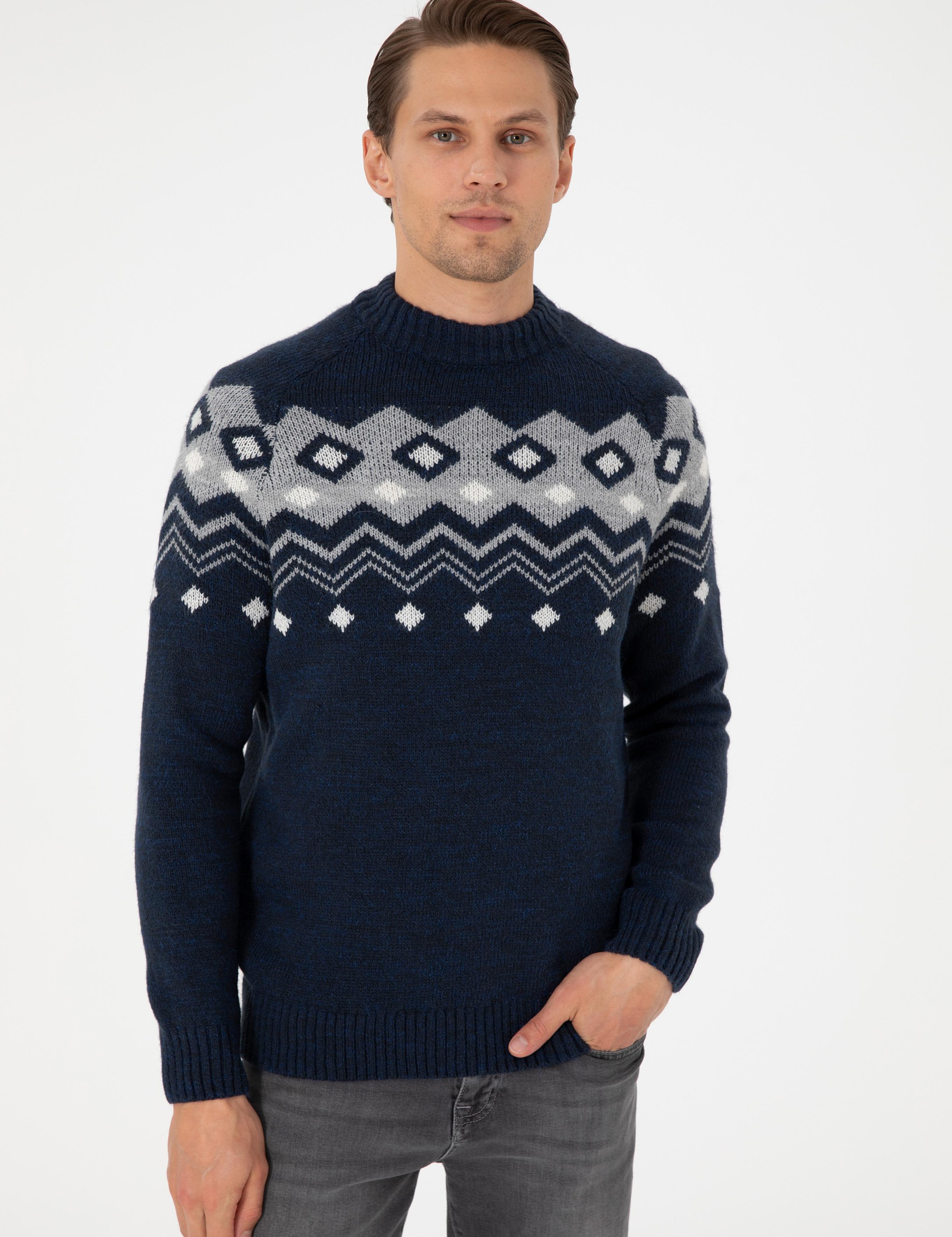 Lacivert Slim Fit Çeyrek Yaka Triko Kazak