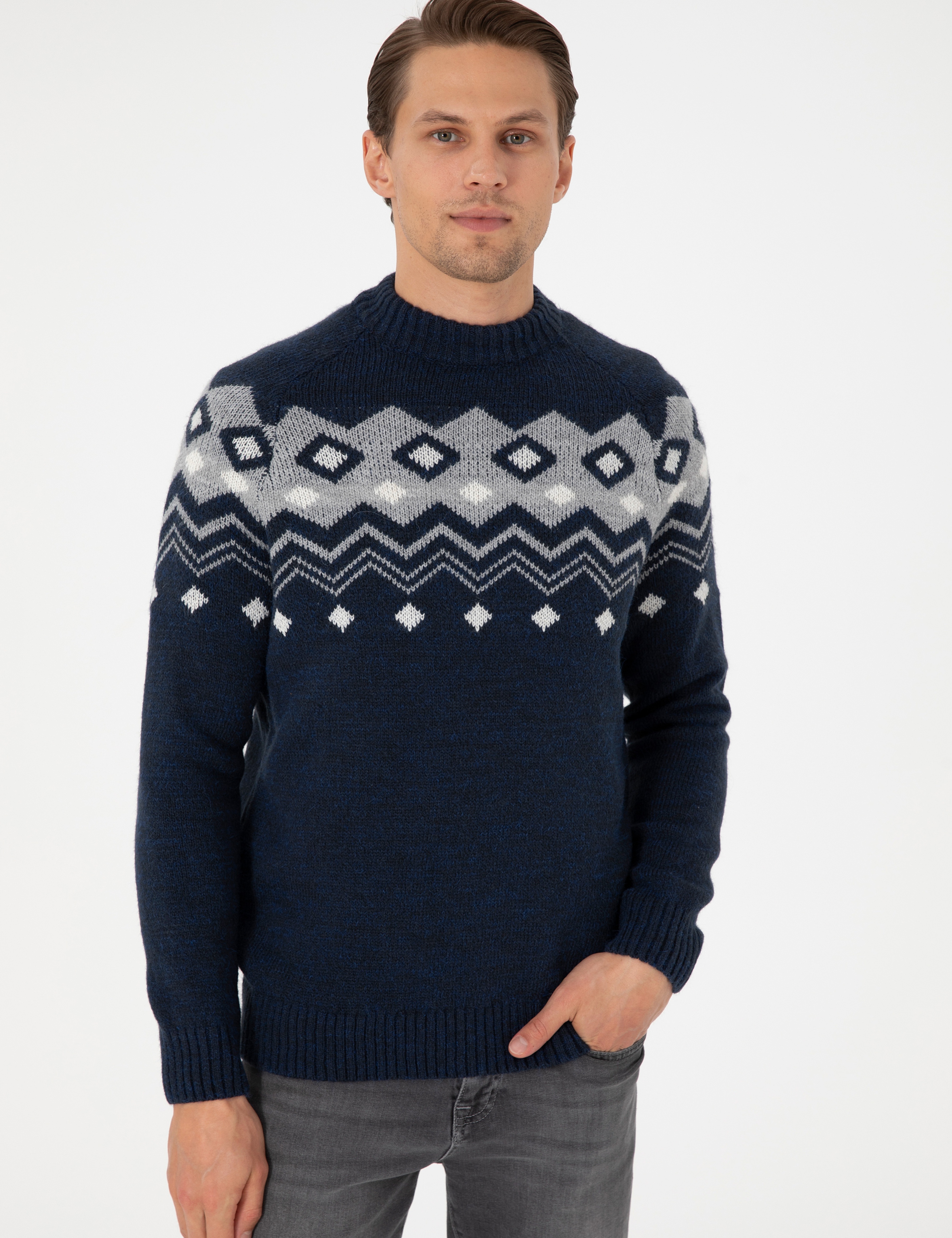 Lacivert Slim Fit Çeyrek Yaka Triko Kazak - Image 3