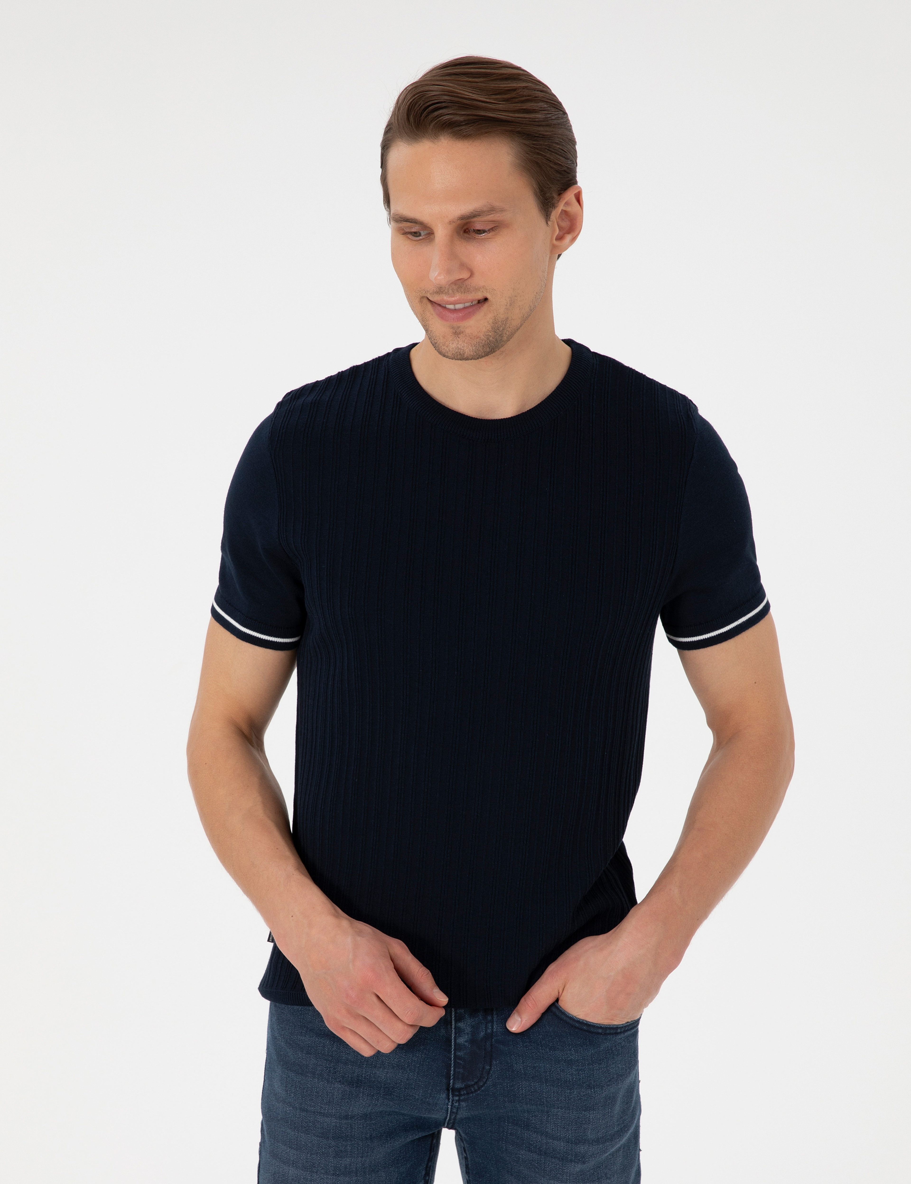 Lacivert Slim Fit Bisiklet Yaka Triko Tişört
