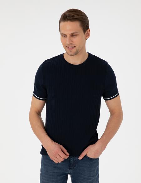 Lacivert Slim Fit Bisiklet Yaka Triko Tişört - 50303616029