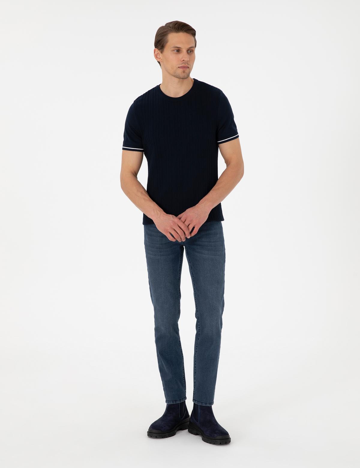 Lacivert Slim Fit Bisiklet Yaka Triko Tişört - 50303616029