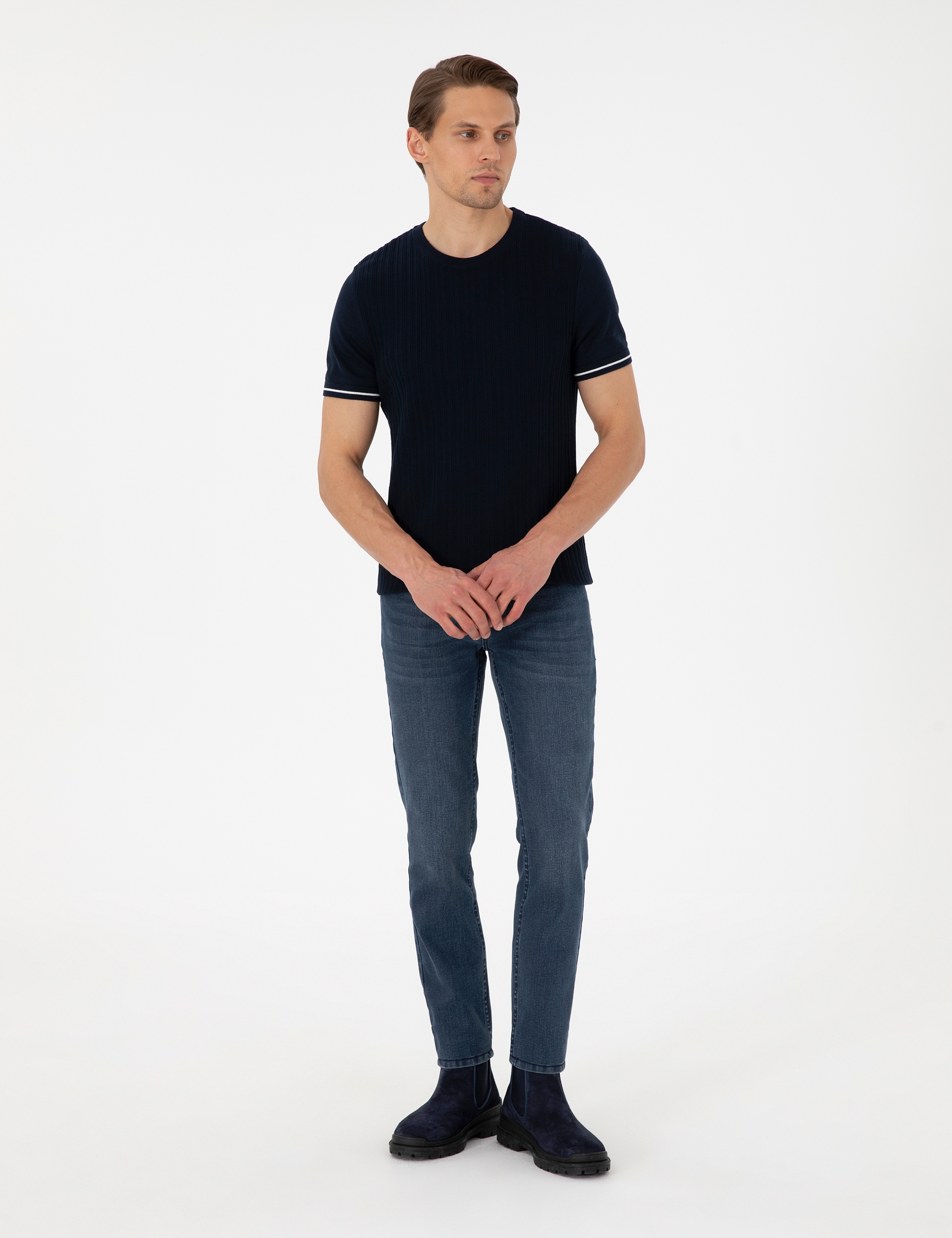 Lacivert Slim Fit Bisiklet Yaka Triko Tişört - Image 4