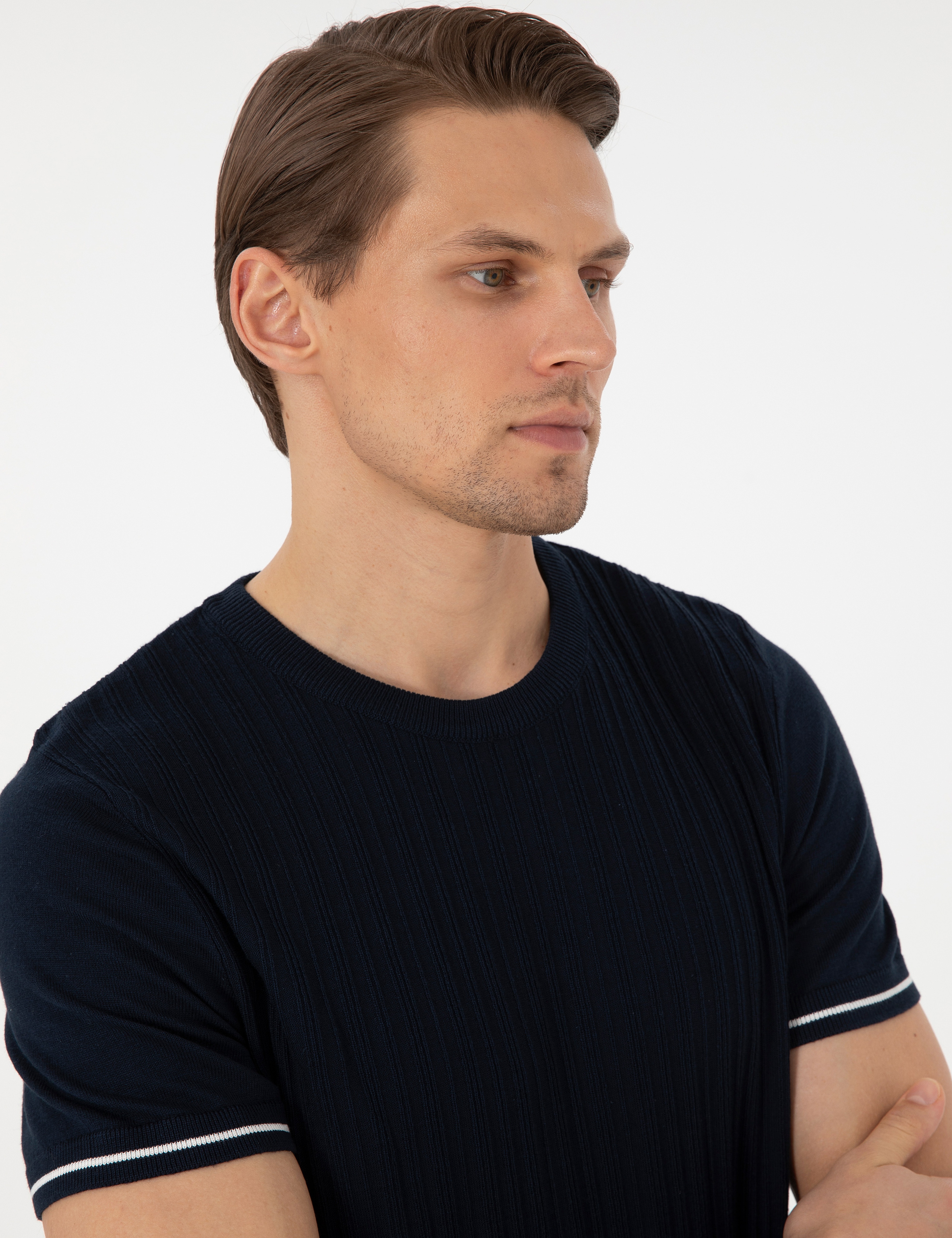 Lacivert Slim Fit Bisiklet Yaka Triko Tişört - Image 2