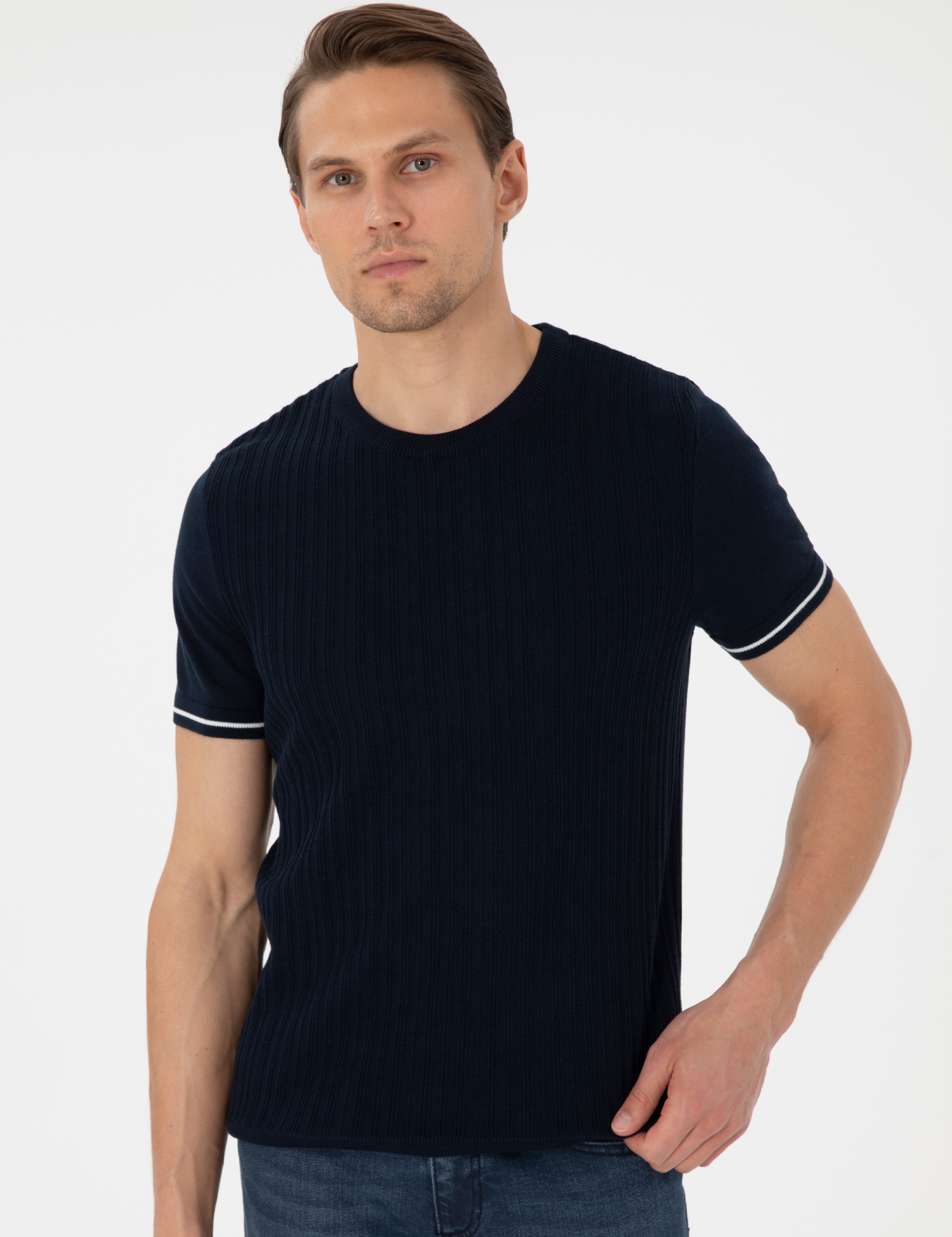 Lacivert Slim Fit Bisiklet Yaka Triko Tişört - Image 3