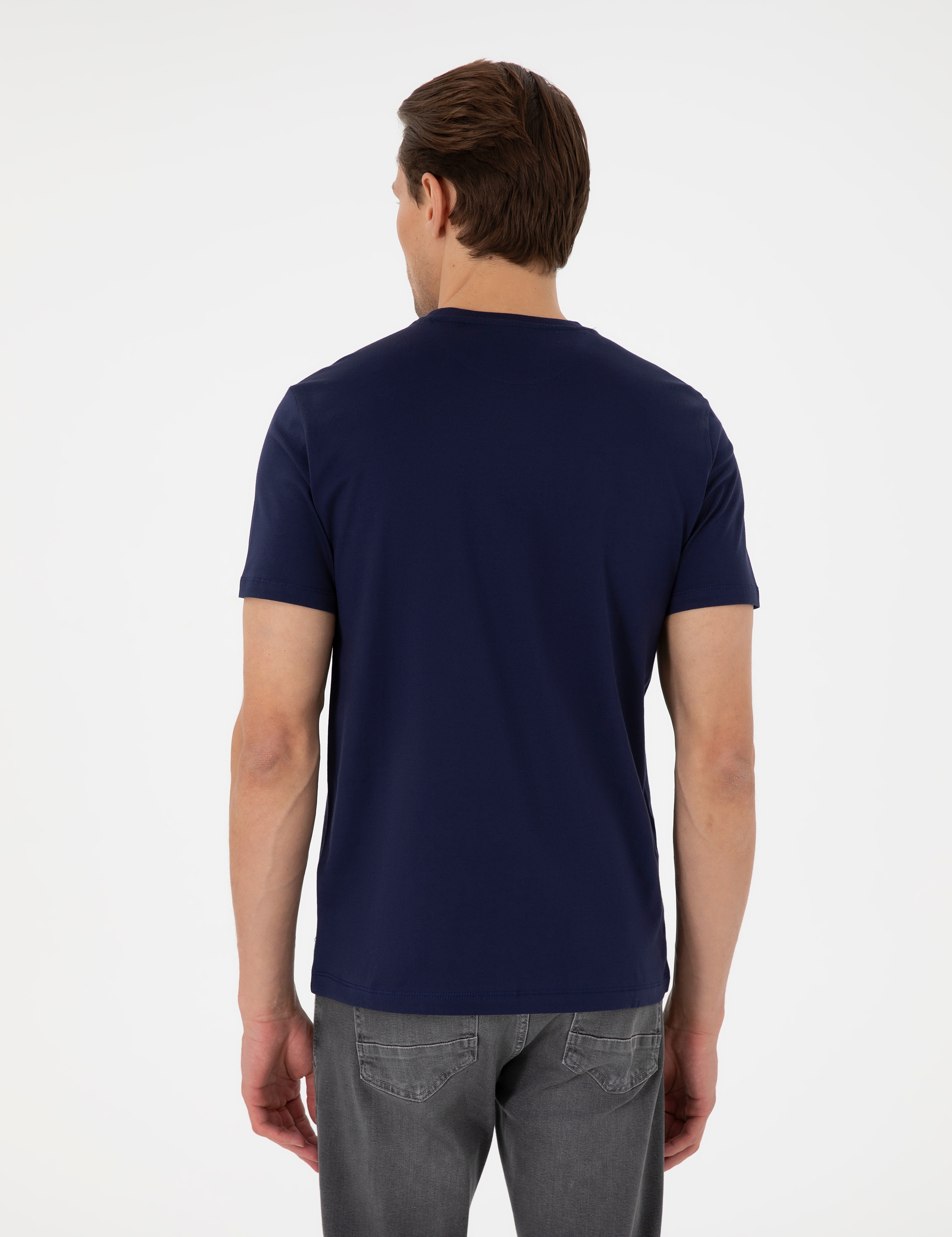 Lacivert Slim Fit %100 Pamuk Bisiklet Yaka Tişört - Image 5