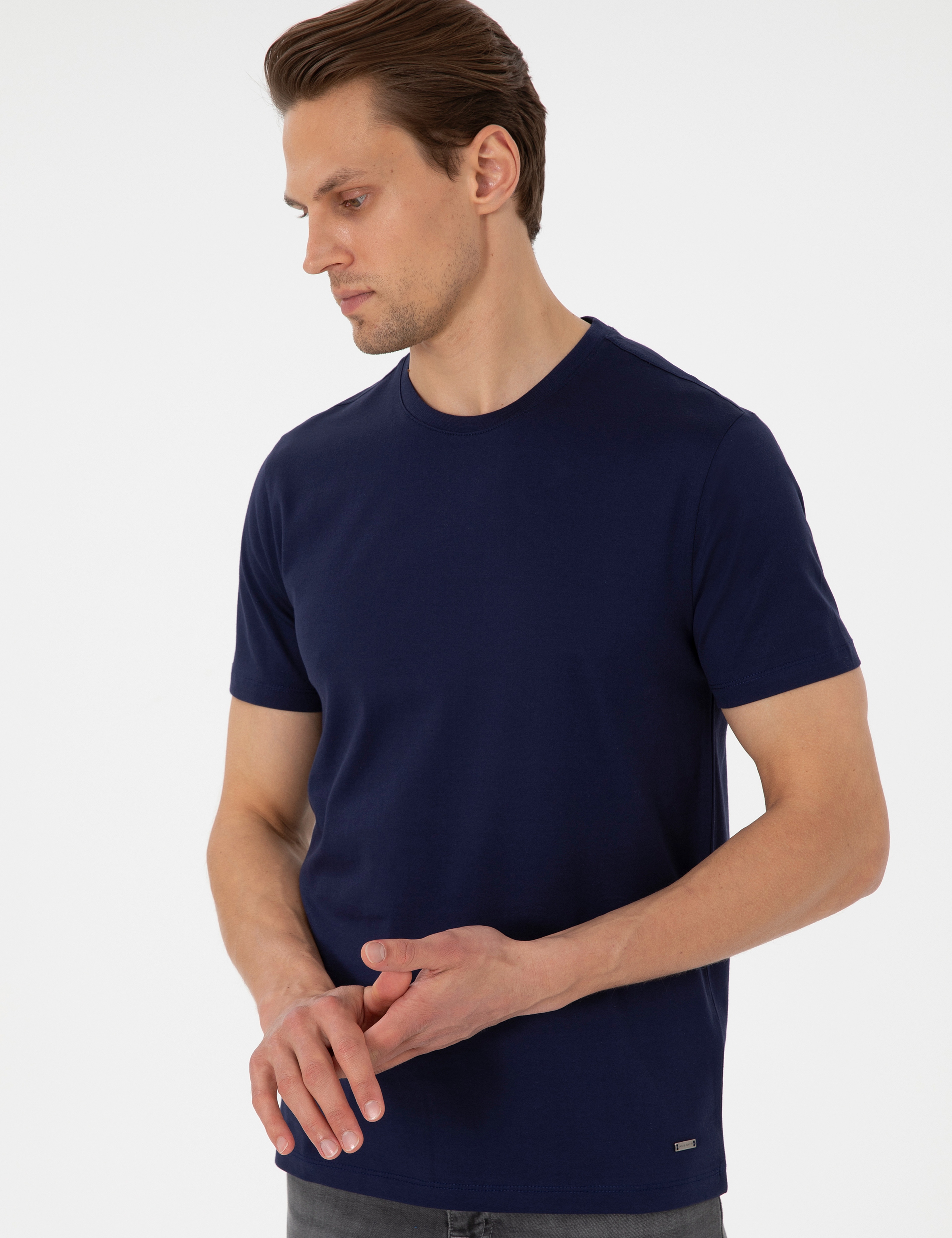 Lacivert Slim Fit %100 Pamuk Bisiklet Yaka Tişört