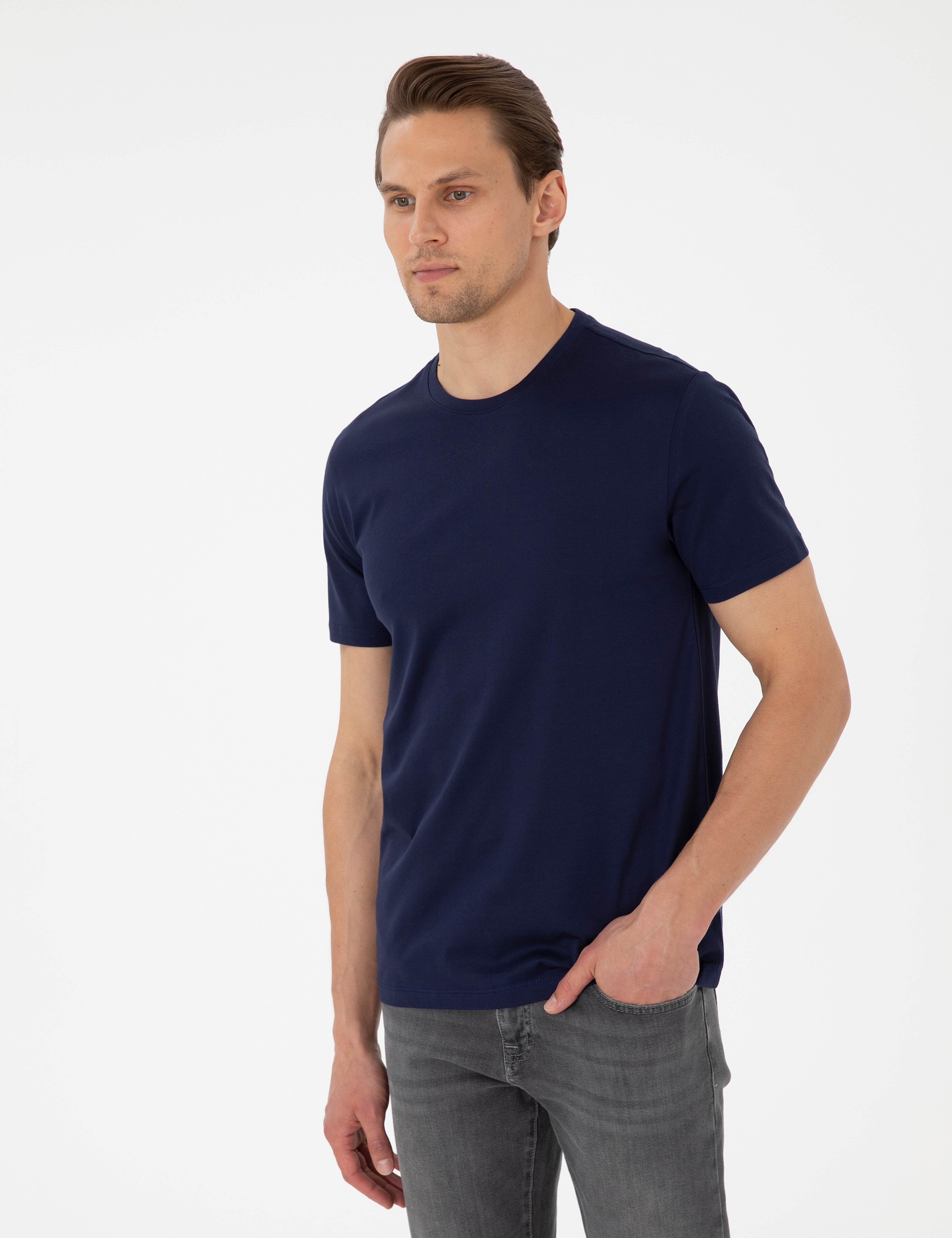 Lacivert Slim Fit %100 Pamuk Bisiklet Yaka Tişört