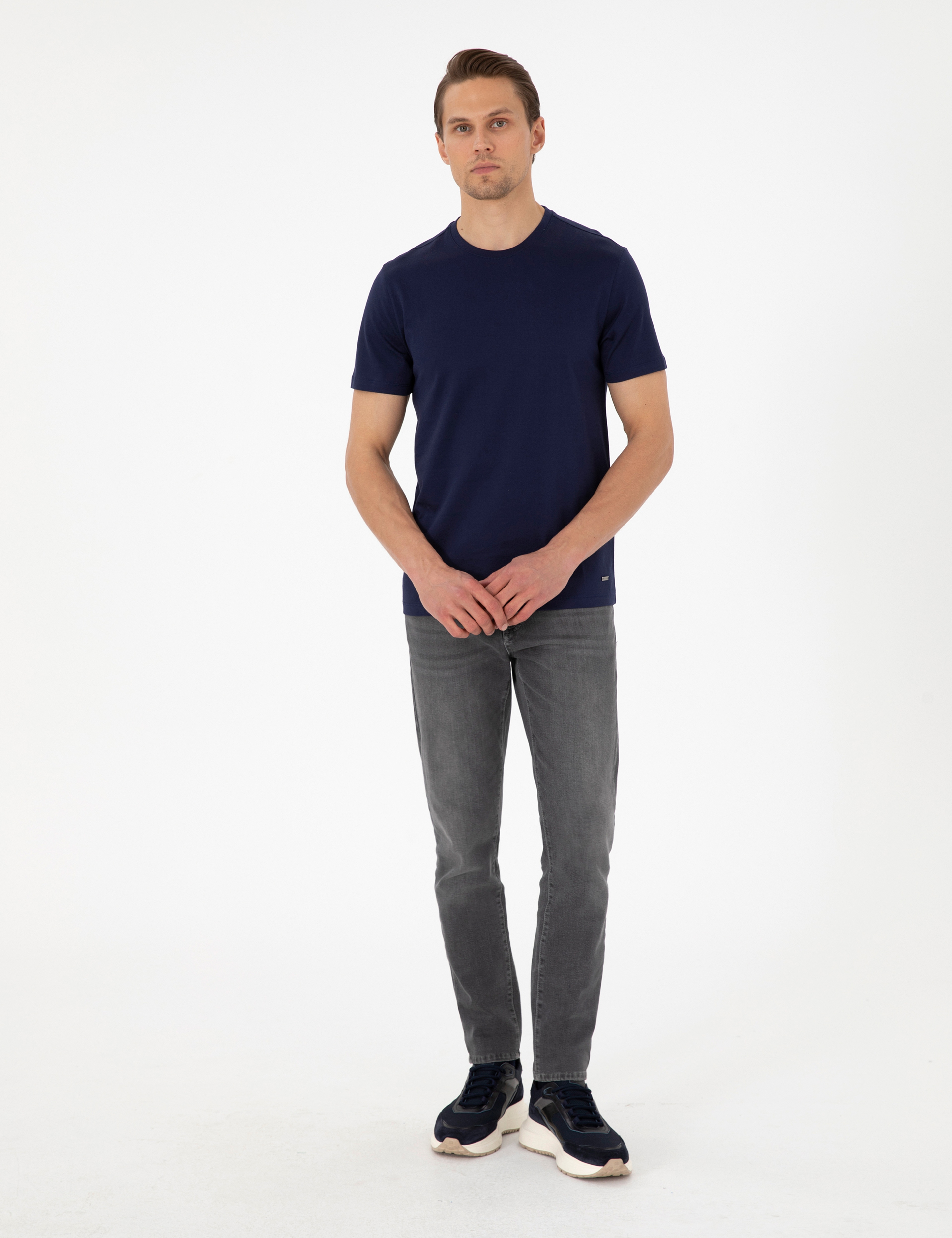 Lacivert Slim Fit %100 Pamuk Bisiklet Yaka Tişört