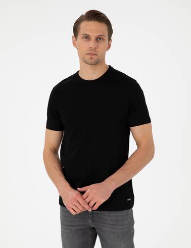Siyah Slim Fit %100 Pamuk Bisiklet Yaka Tişört