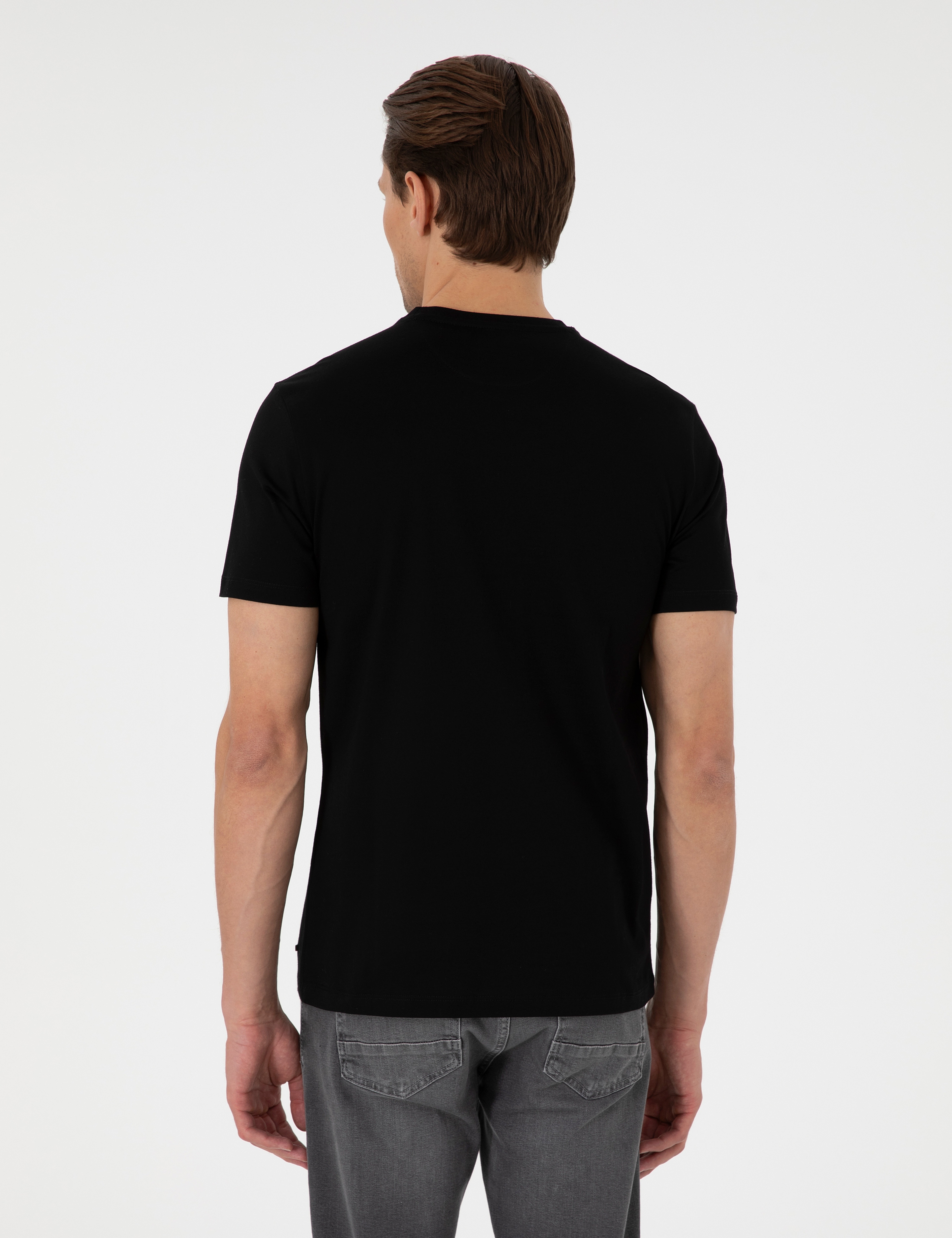 Siyah Slim Fit %100 Pamuk Bisiklet Yaka Tişört - Image 5