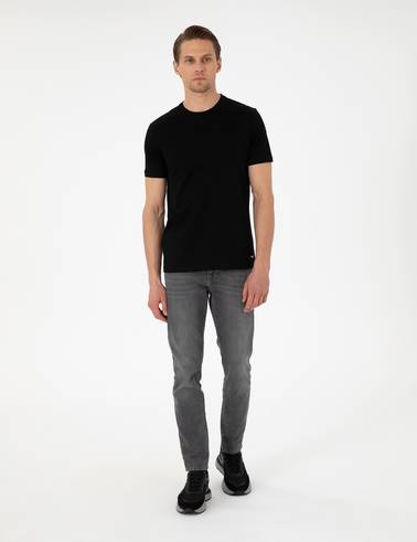 Siyah Slim Fit %100 Pamuk Bisiklet Yaka Tişört