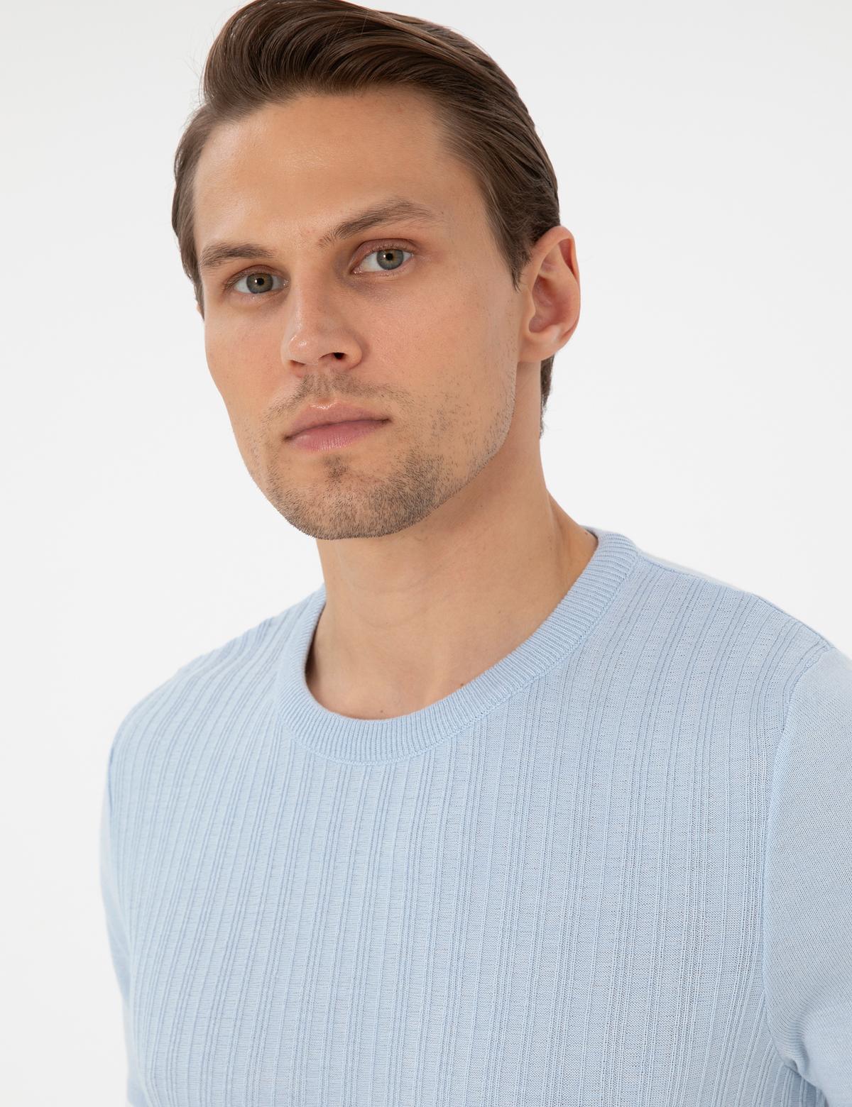 Açık Mavi Slim Fit Bisiklet Yaka Triko Tişört - 50303616037