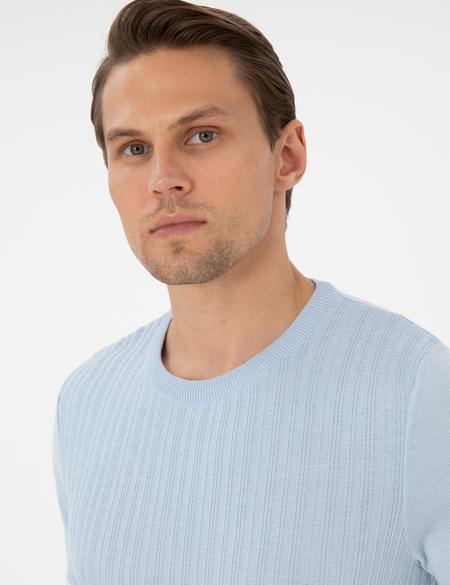 Açık Mavi Slim Fit Bisiklet Yaka Triko Tişört - 50303616037