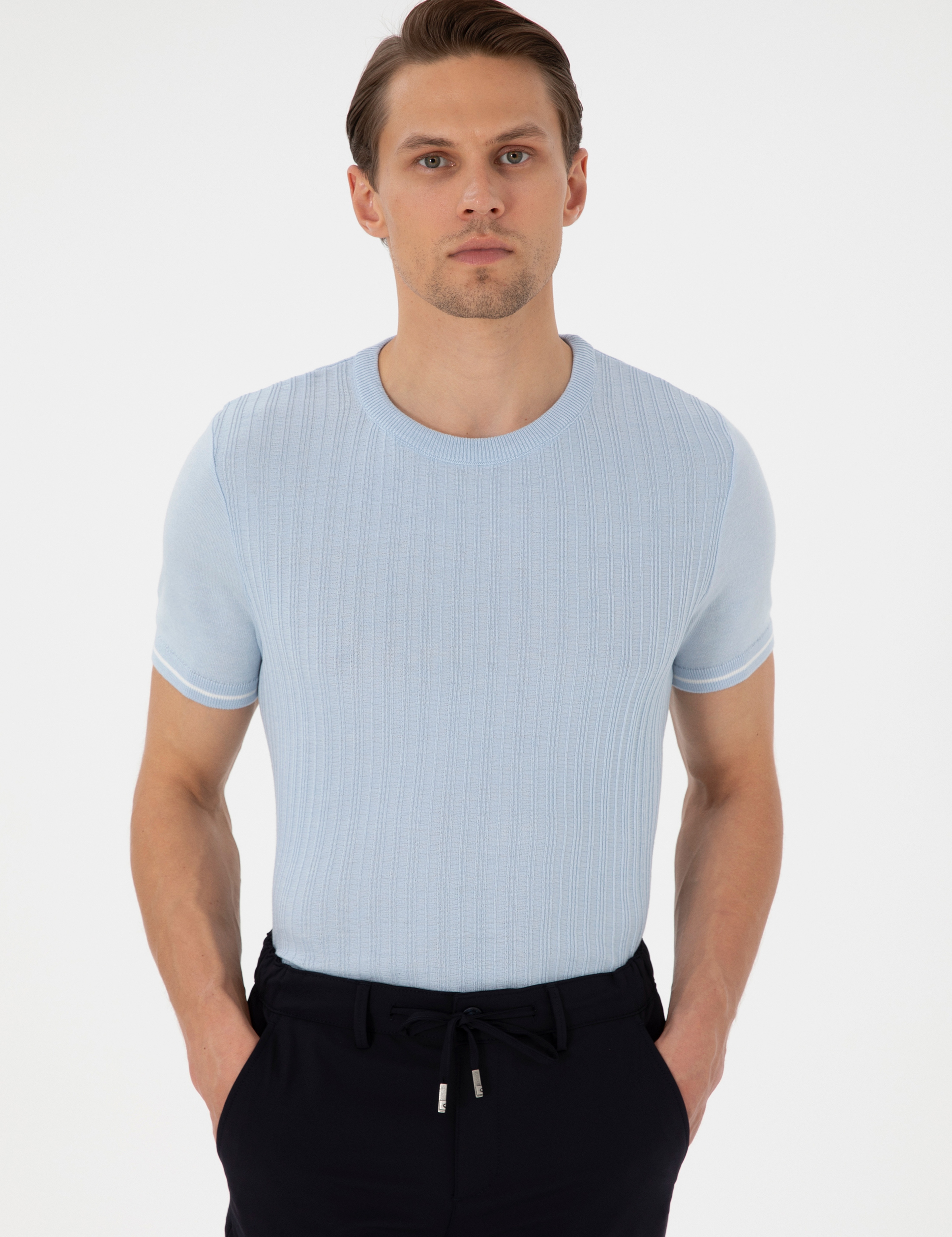 Açık Mavi Slim Fit Bisiklet Yaka Triko Tişört - Image 3