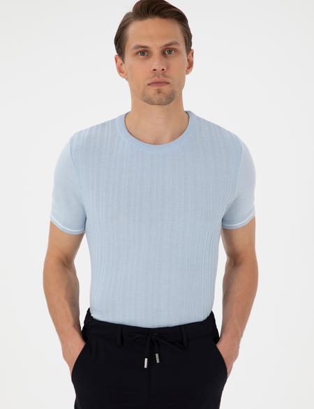 Açık Mavi Slim Fit Bisiklet Yaka Triko Tişört - 50303616037