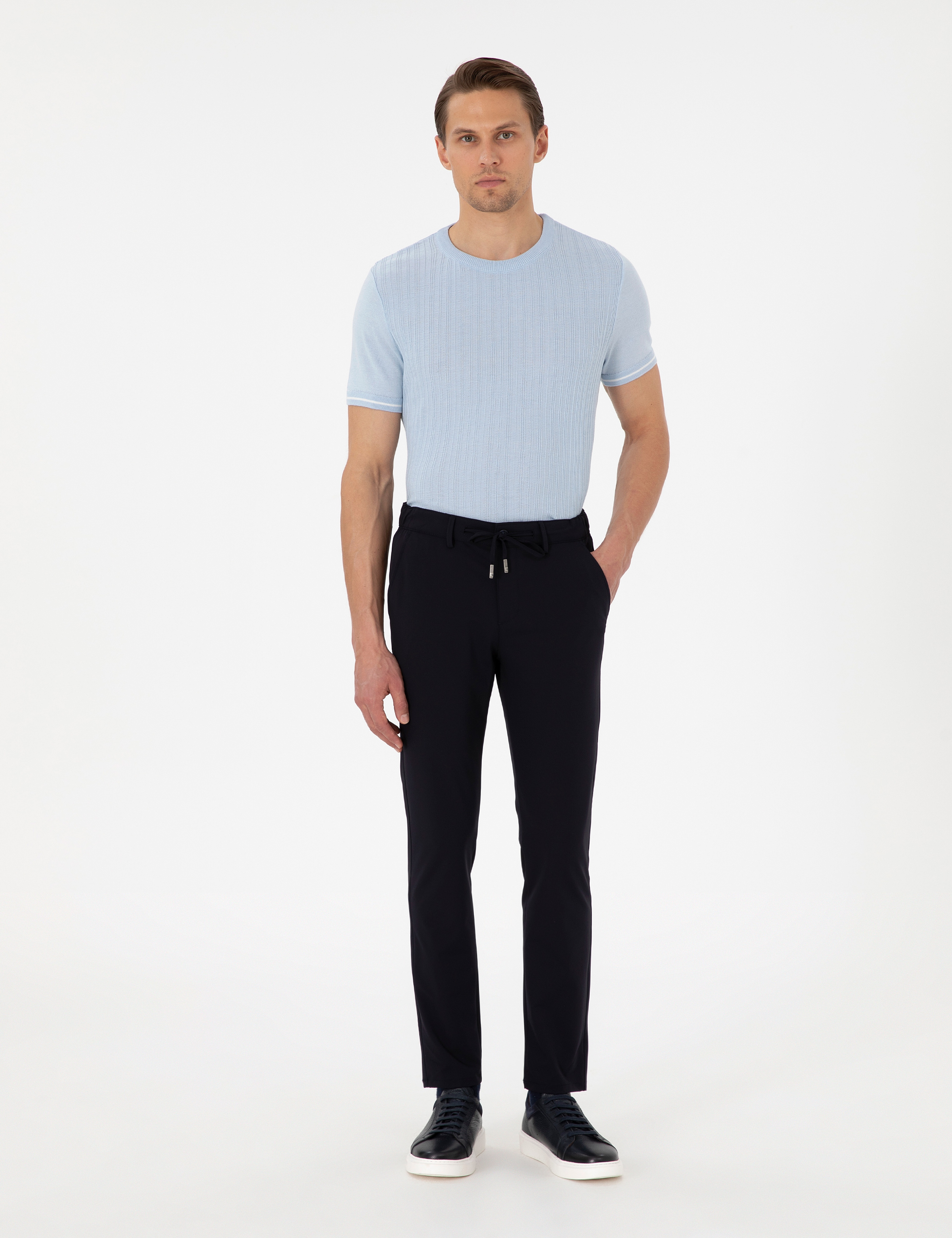 Açık Mavi Slim Fit Bisiklet Yaka Triko Tişört - Image 4