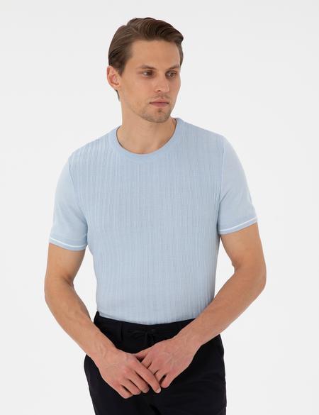 Açık Mavi Slim Fit Bisiklet Yaka Triko Tişört - 50303616037