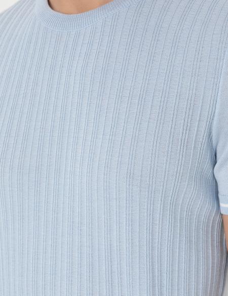 Açık Mavi Slim Fit Bisiklet Yaka Triko Tişört - 50303616037