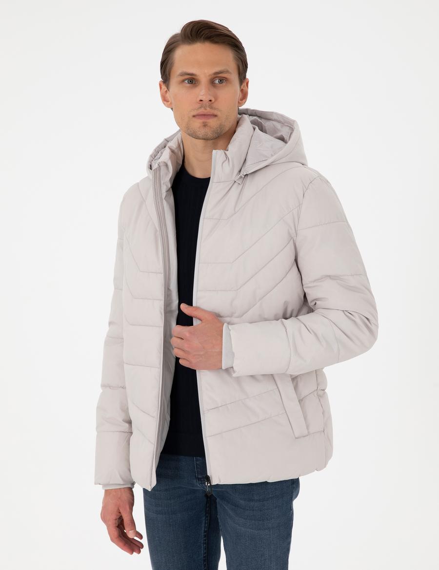Açık Gri Kapüşonlu Dolgulu Mont