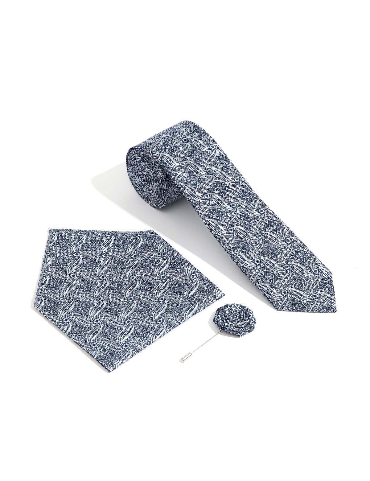 Mavi 3'lü Kravat-Mendil-Kravat İğnesi Set