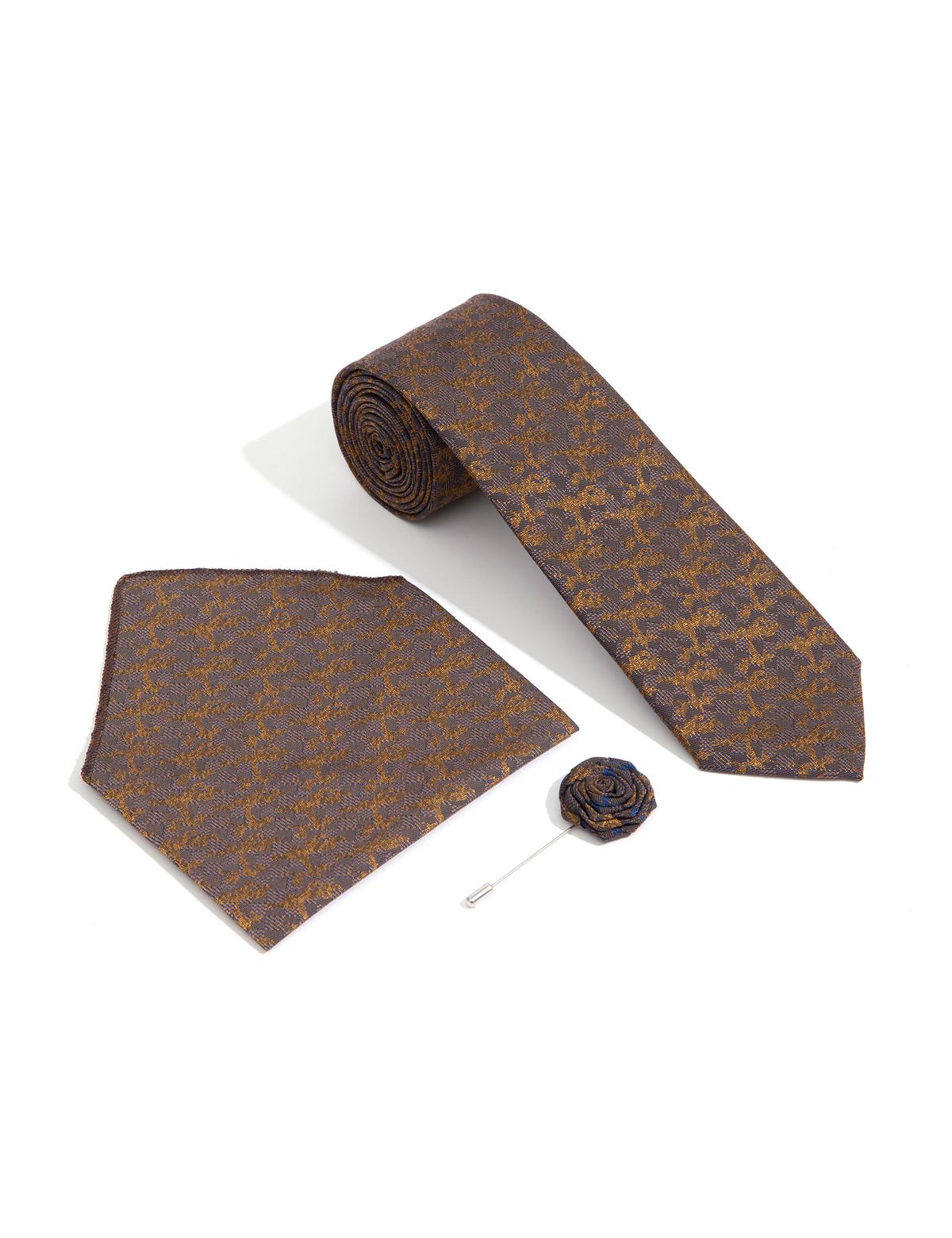 Turuncu 3'lü Kravat-Mendil-Kravat İğnesi Set