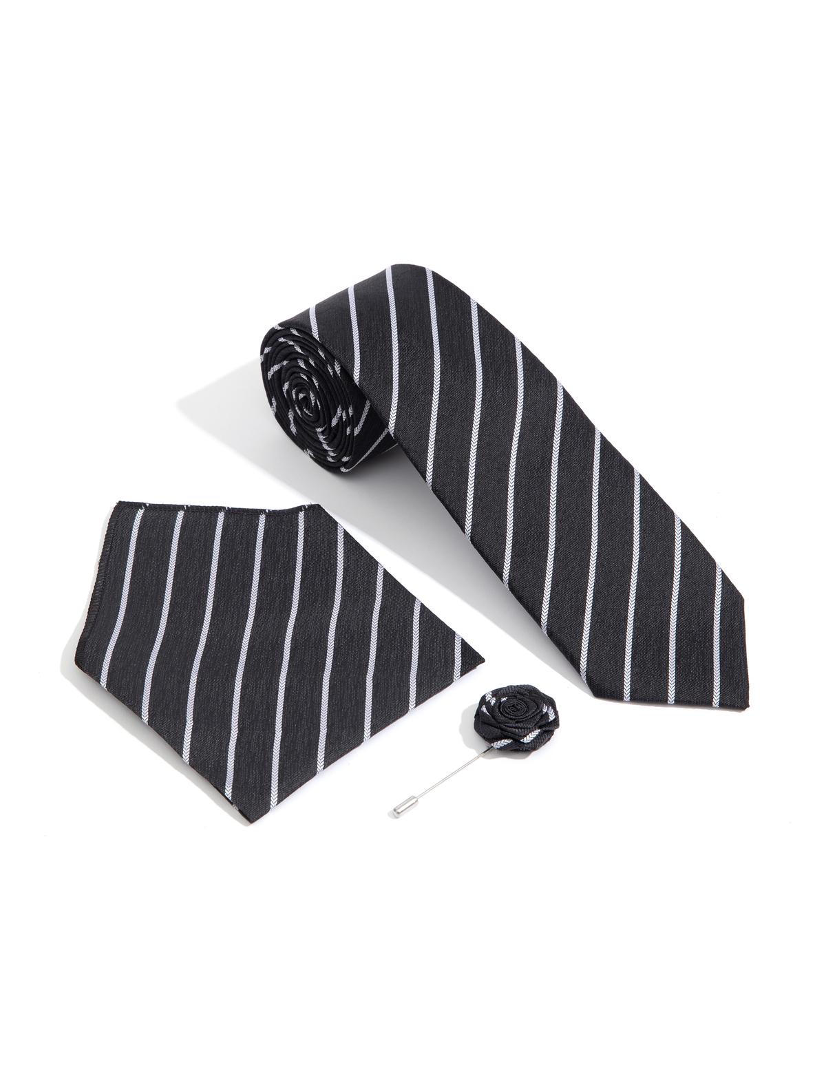 Siyah 3'lü Kravat-Mendil-Kravat İğnesi Set