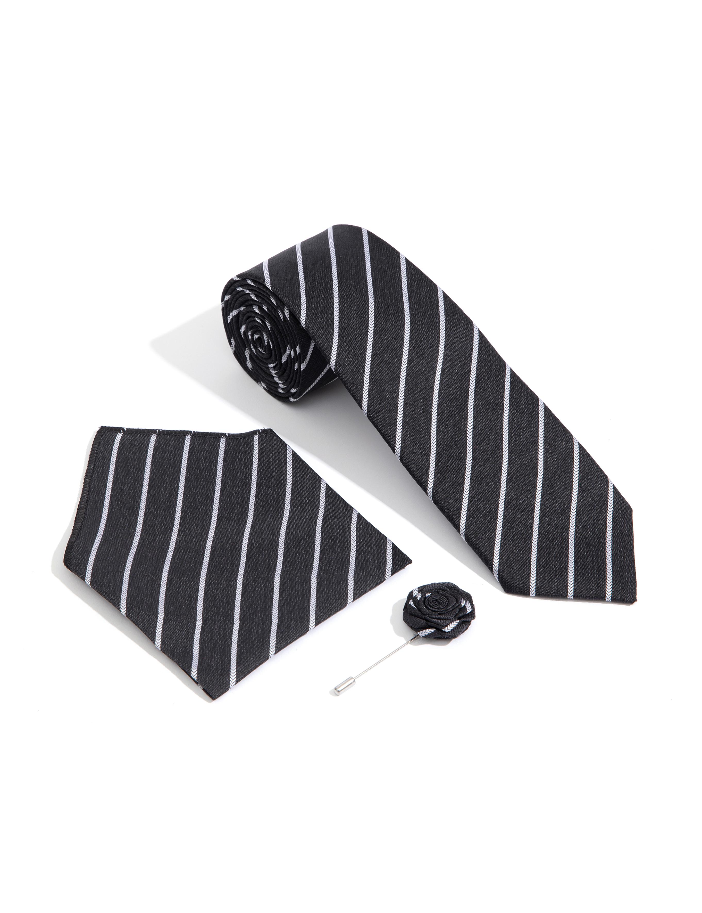 Siyah 3'lü Kravat-Mendil-Kravat İğnesi Set