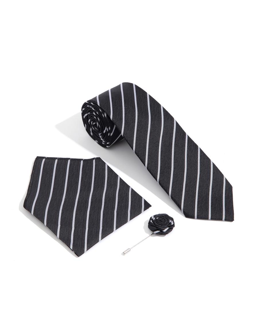 Siyah 3'lü Kravat-Mendil-Kravat İğnesi Set