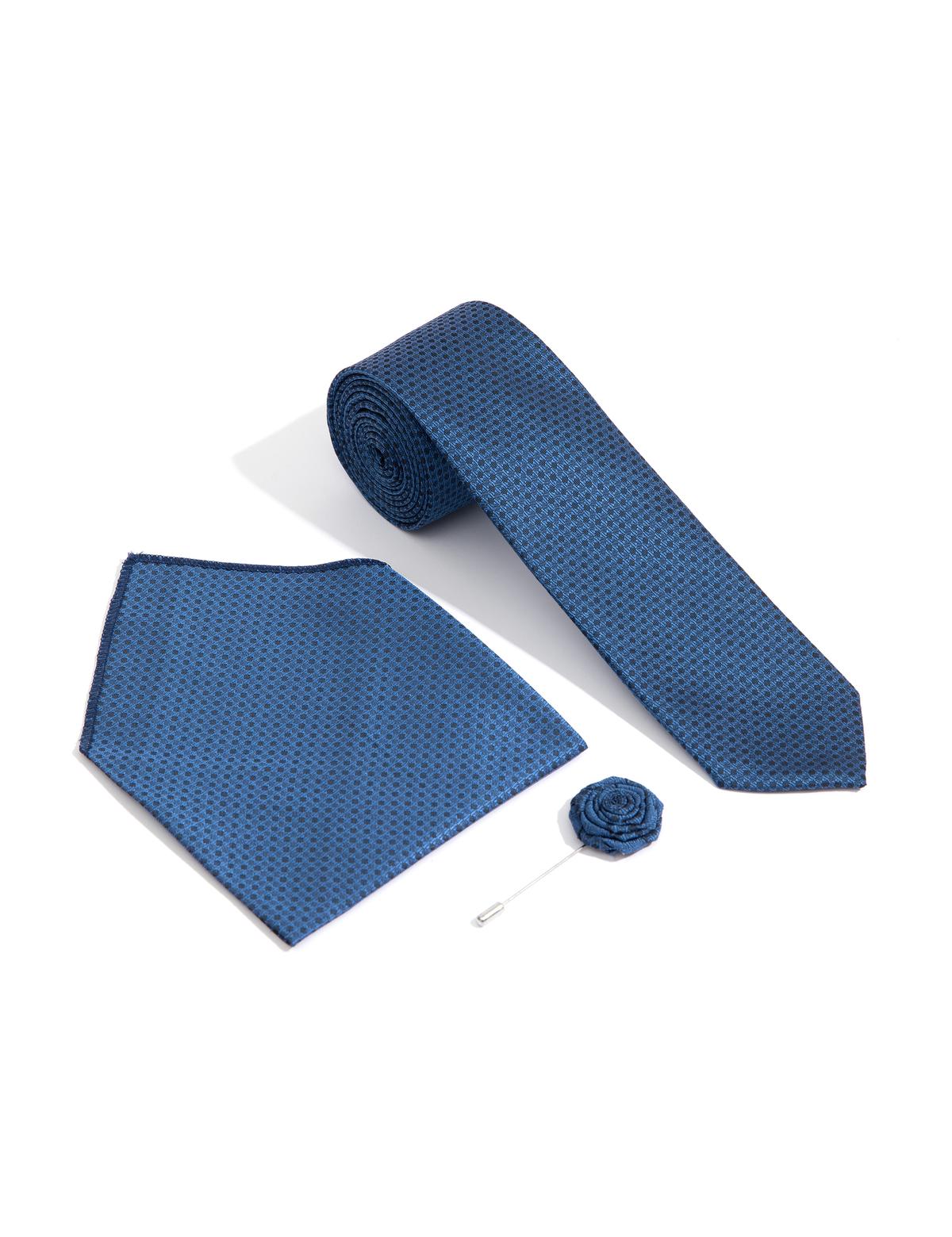 Lacivert 3'lü Kravat-Mendil-Kravat İğnesi Set
