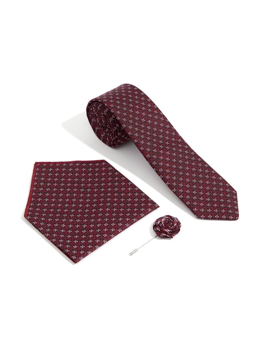 Bordo 3'lü Kravat-Mendil-Kravat İğnesi Set
