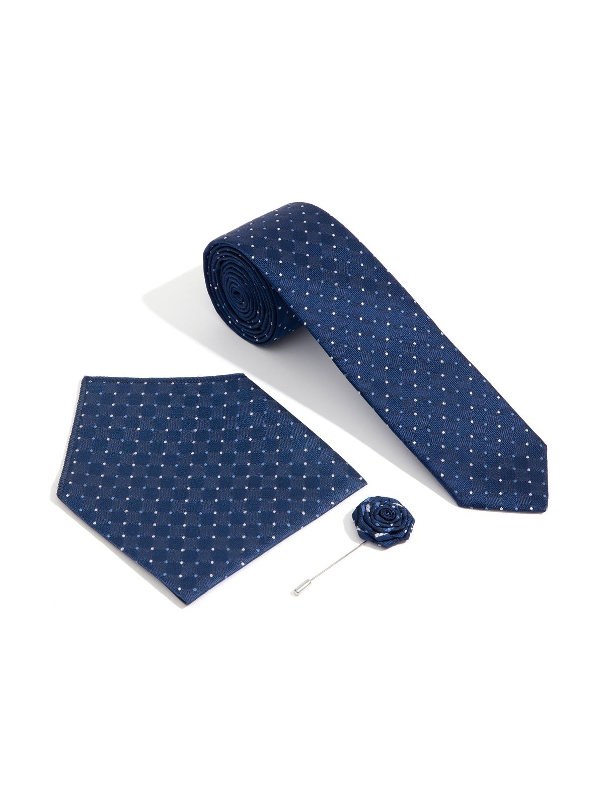 Lacivert 3'lü Kravat-Mendil-Kravat İğnesi Set