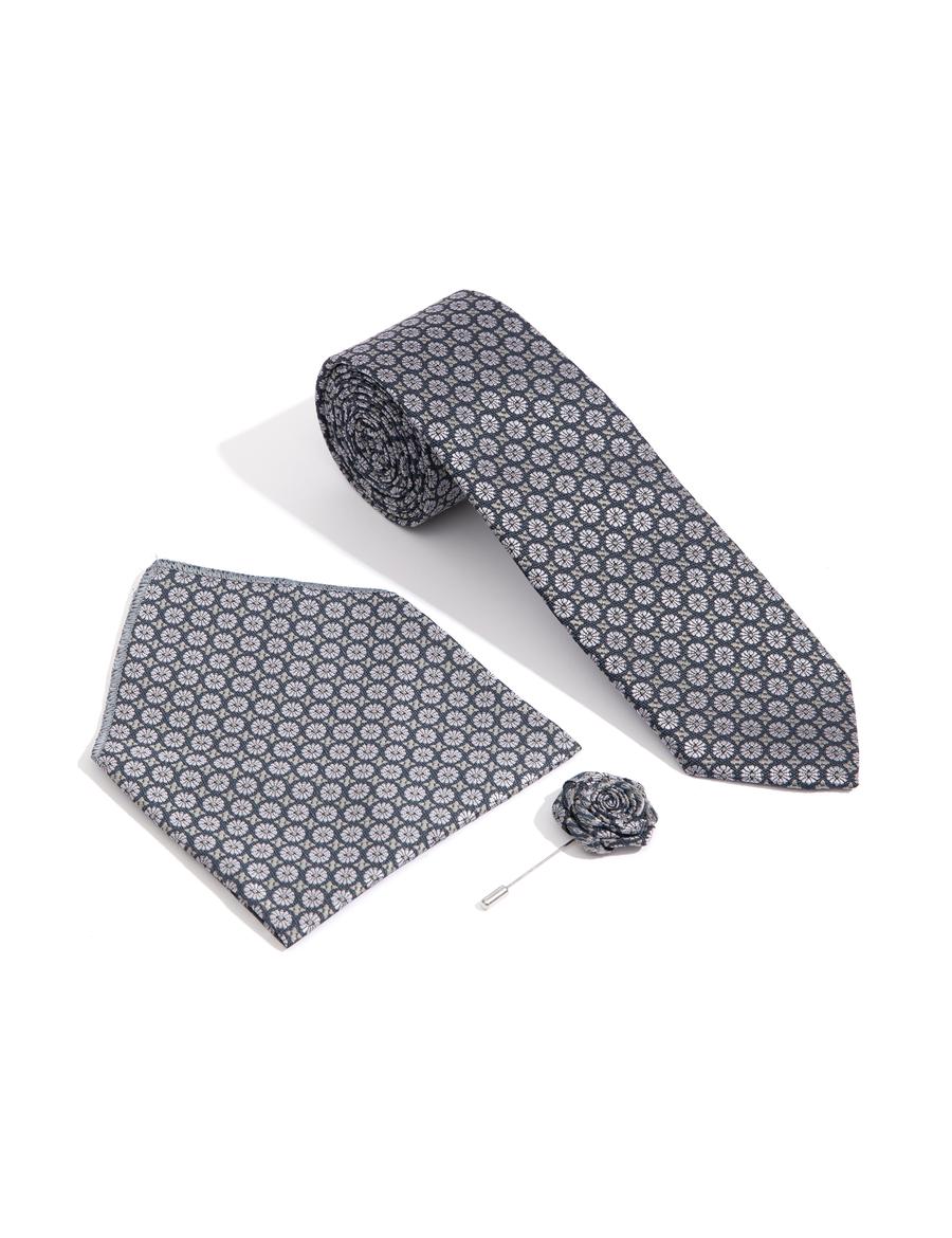 Lacivert 3'lü Kravat-Mendil-Kravat İğnesi Set