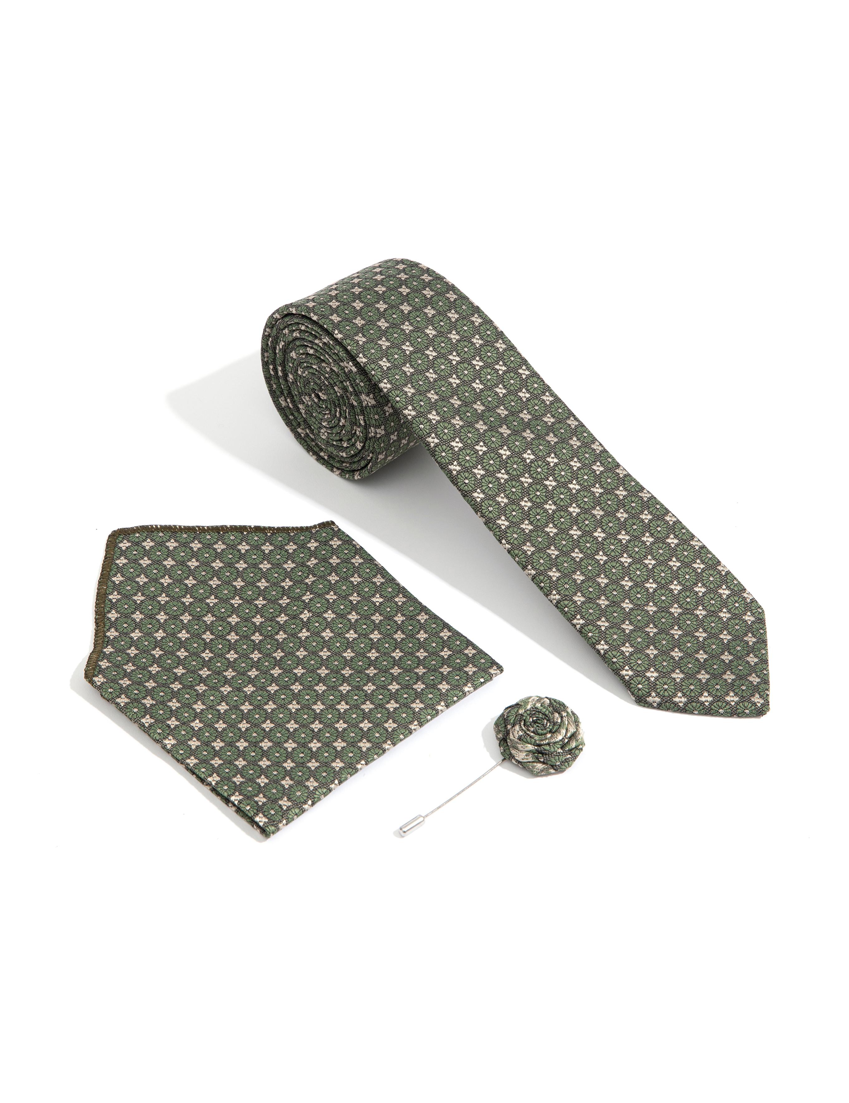 Haki 3'lü Kravat-Mendil-Kravat İğnesi Set