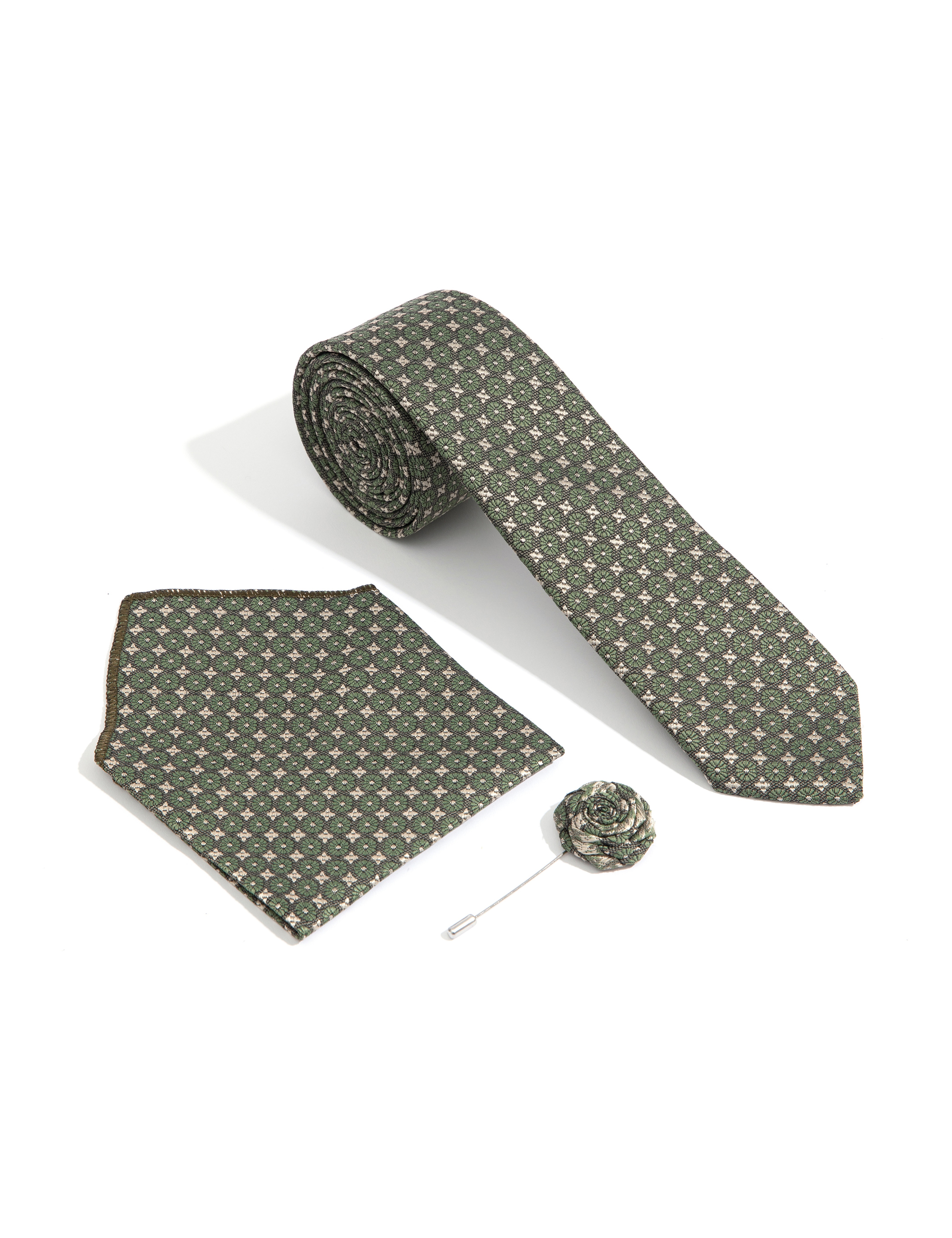 Haki 3'lü Kravat-Mendil-Kravat İğnesi Set - Image 1