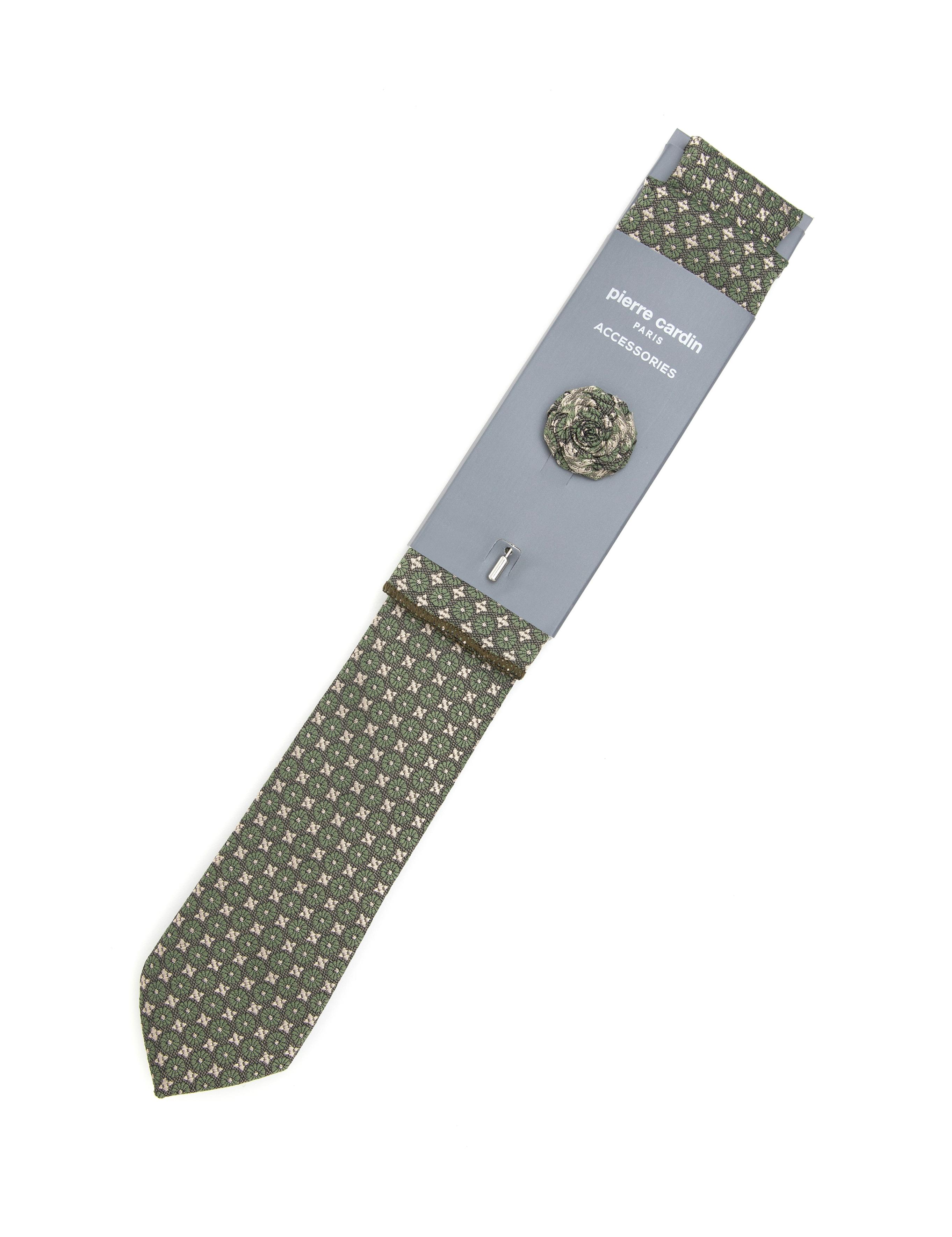 Haki 3'lü Kravat-Mendil-Kravat İğnesi Set