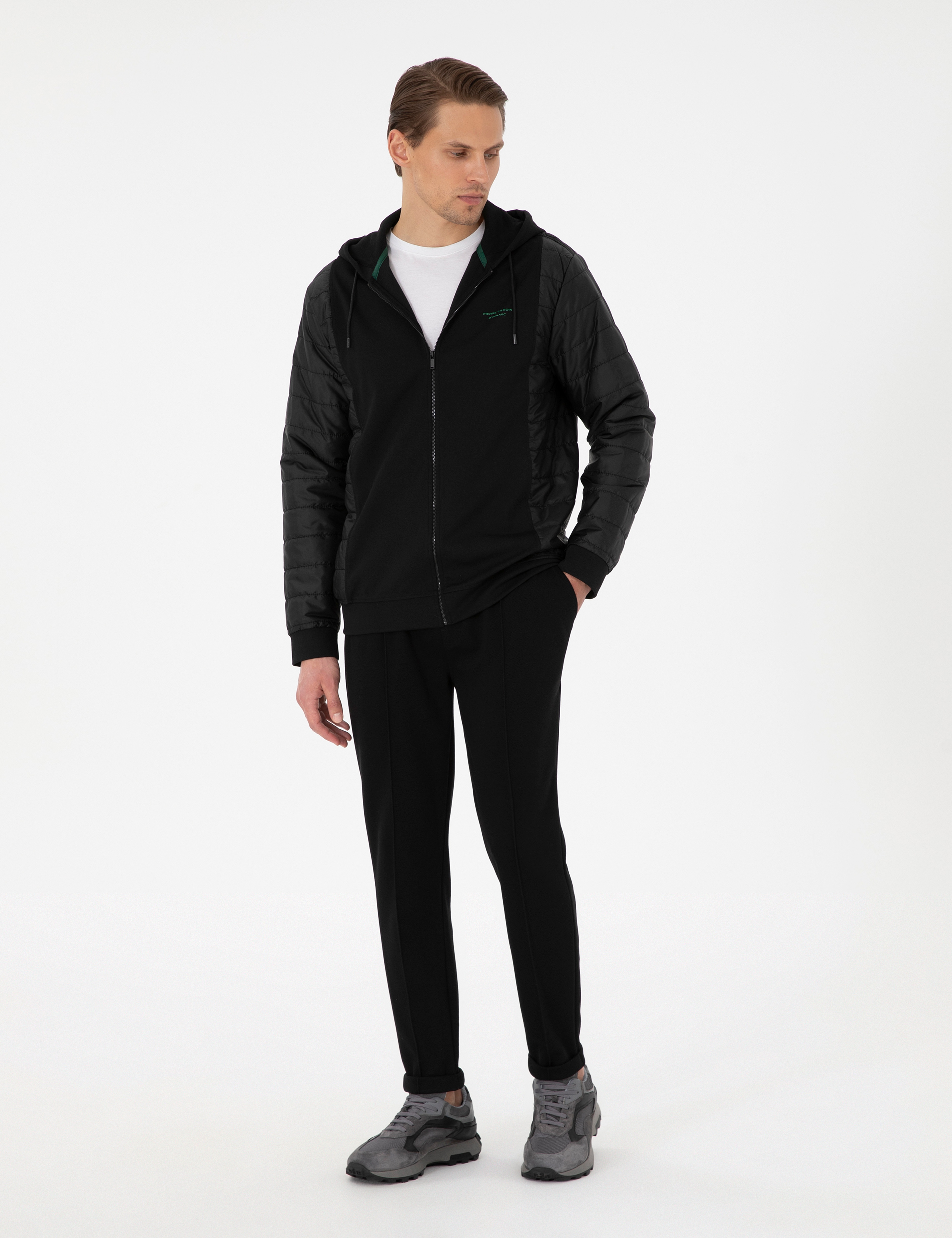 Siyah Slim Fit Nervürlü  Duble Paça Eşofman Altı