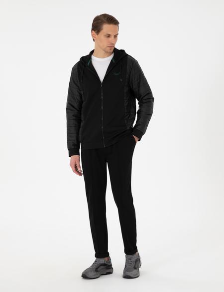 Siyah Slim Fit Nervürlü  Duble Paça Eşofman Altı - 50290666023