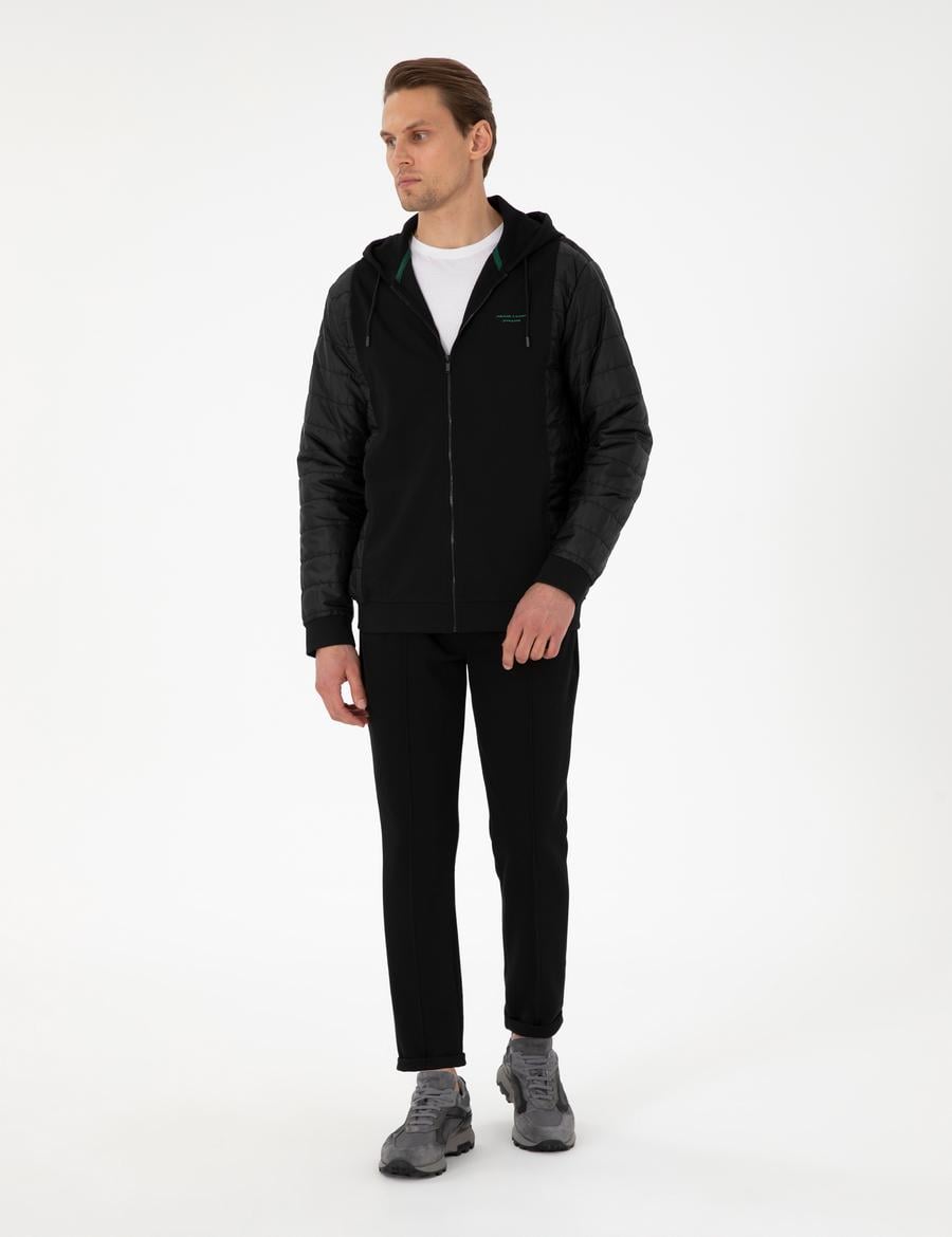 Siyah Slim Fit Nervürlü  Duble Paça Eşofman Altı