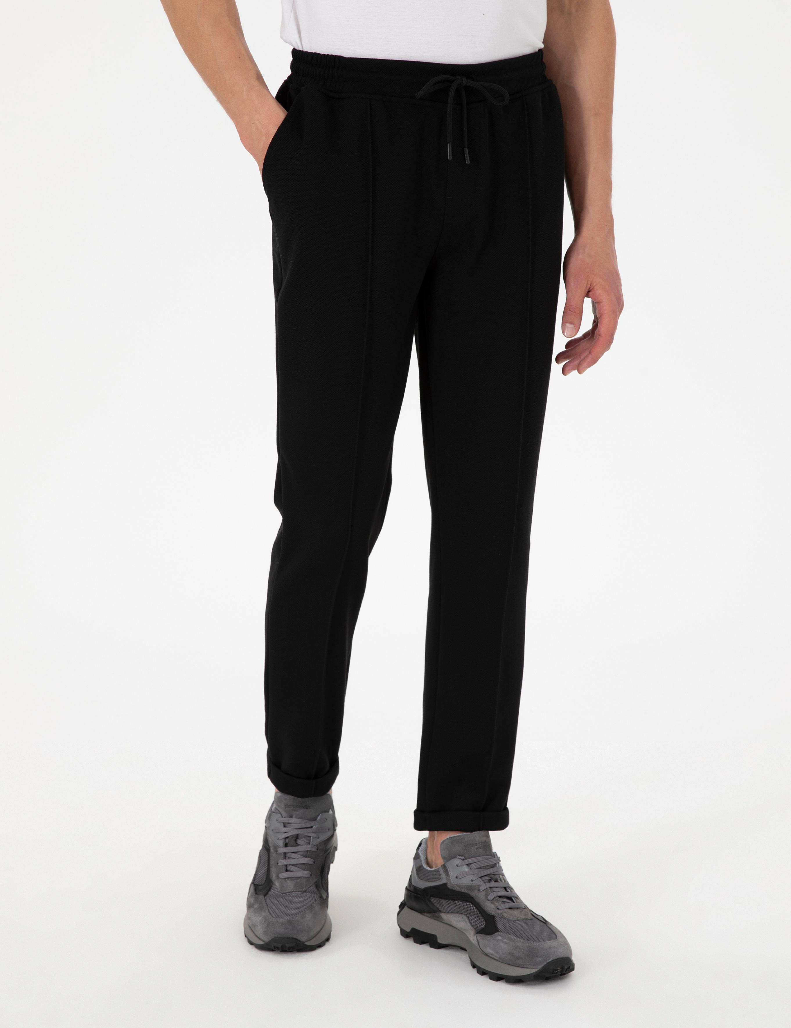 Siyah Slim Fit Nervürlü  Duble Paça Eşofman Altı