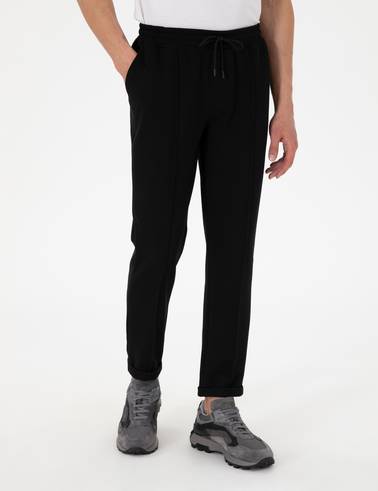 Siyah Slim Fit Nervürlü  Duble Paça Eşofman Altı
