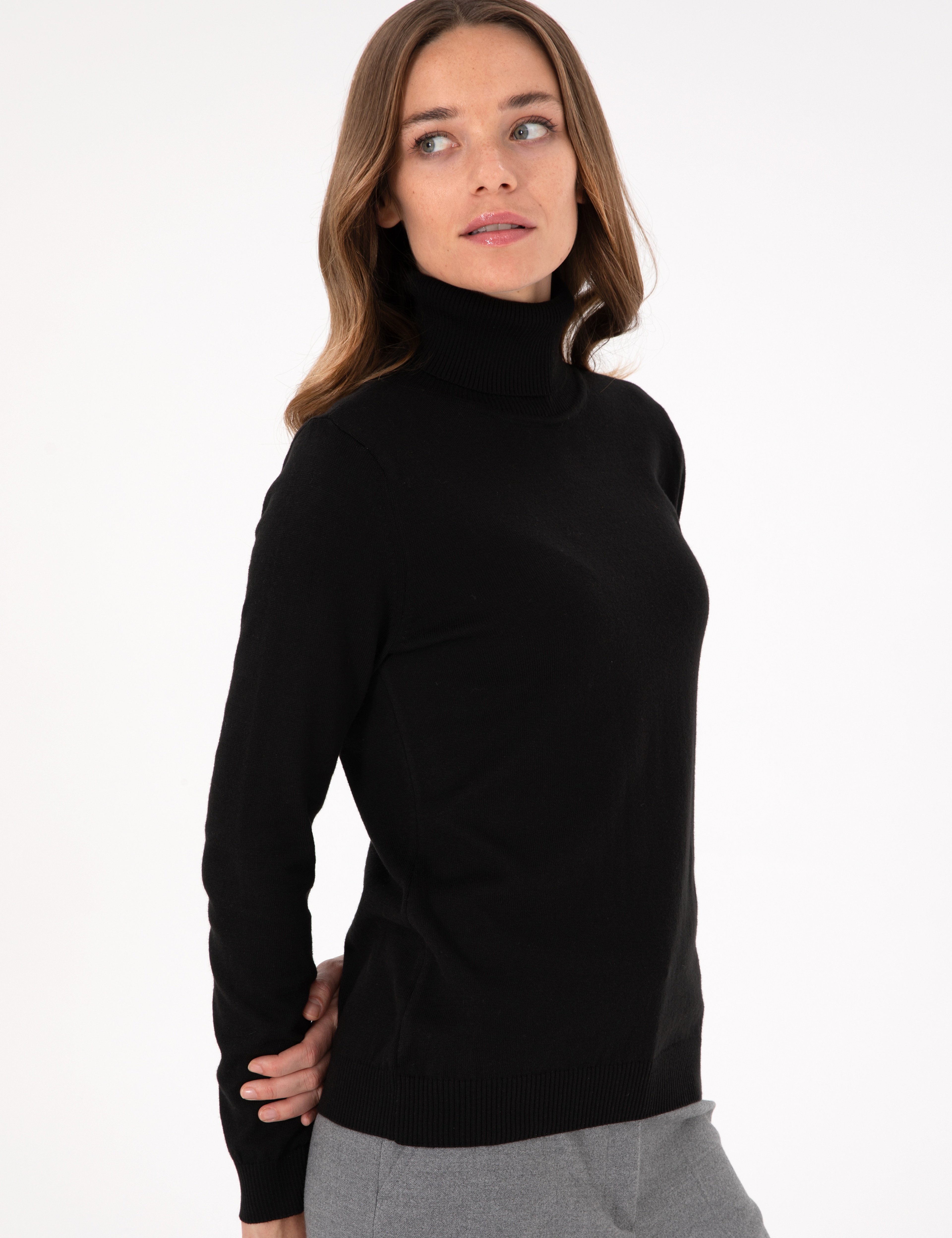 Siyah Slim Fit Balıkçı Yaka Basic Kazak