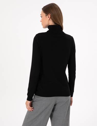 Siyah Slim Fit Balıkçı Yaka Basic Kazak