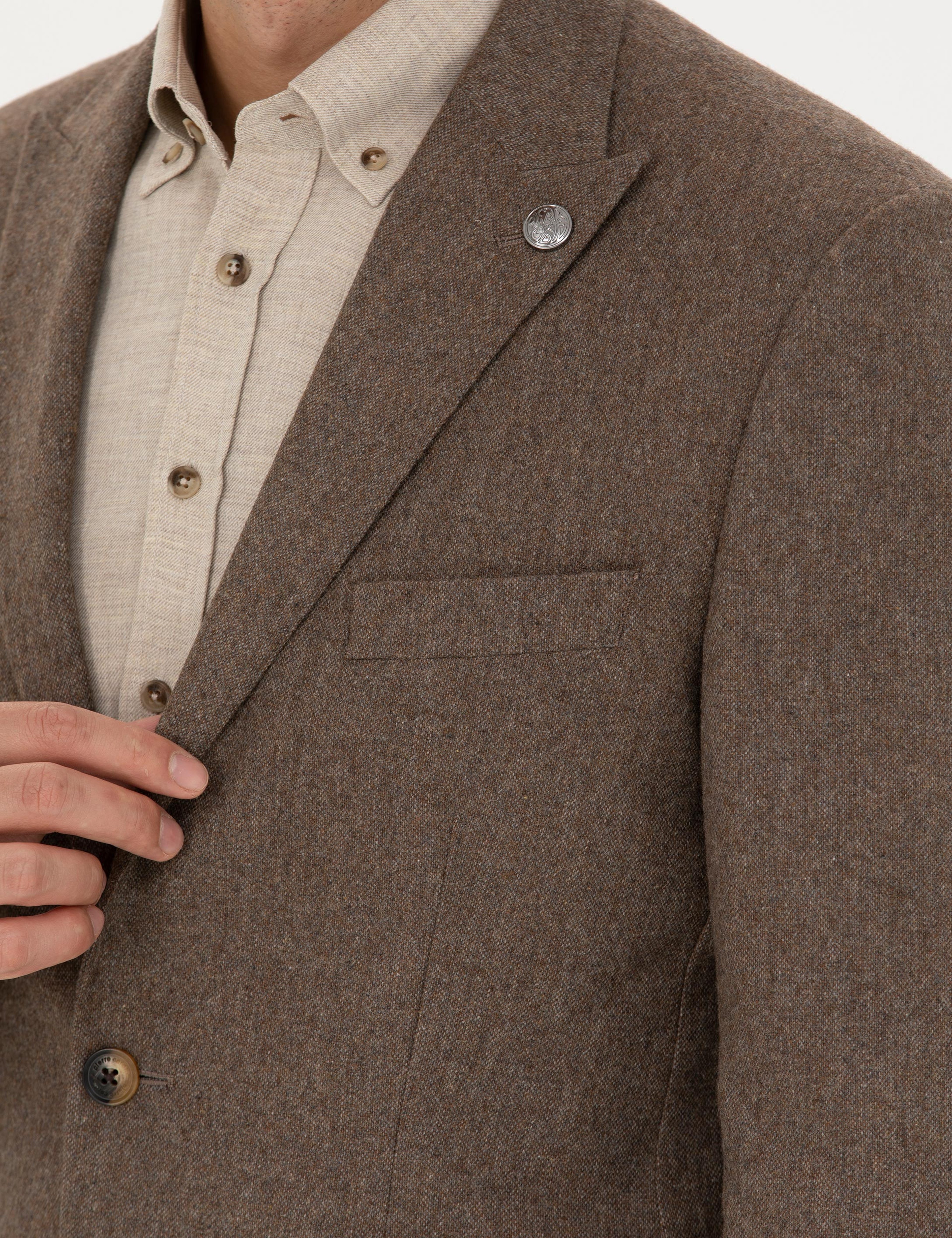 Kahverengi Yün Karışımlı Slim Fit Ceket
