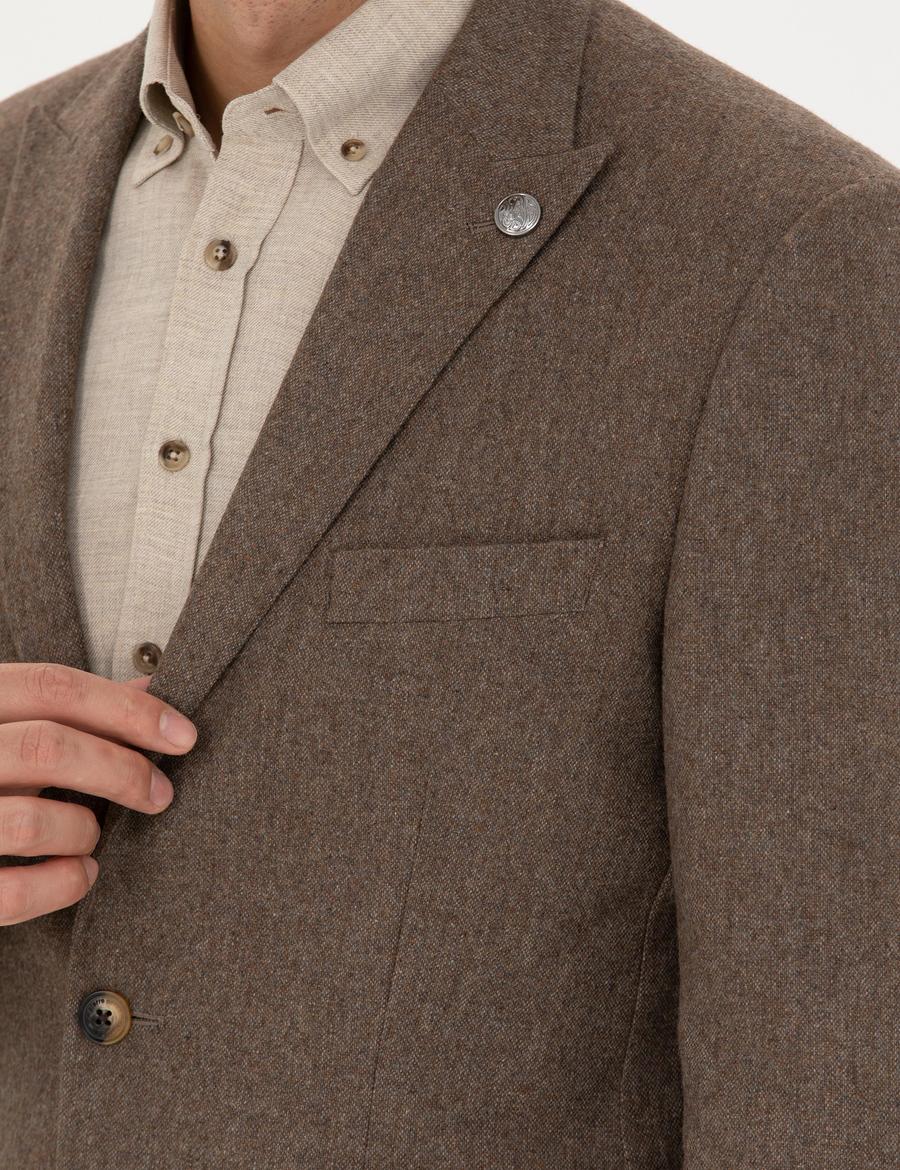Kahverengi Yün Karışımlı Slim Fit Ceket