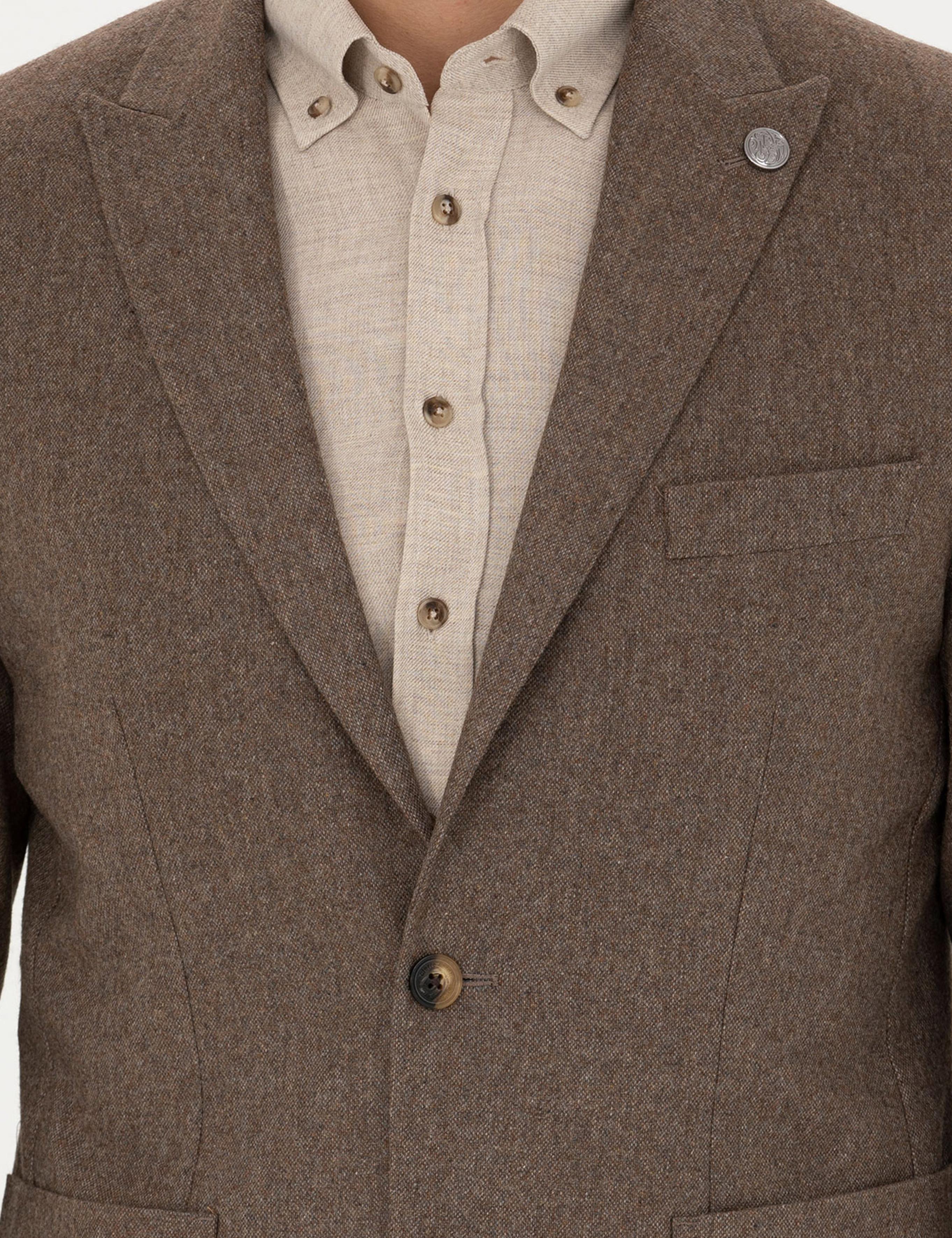 Kahverengi Yün Karışımlı Slim Fit Ceket