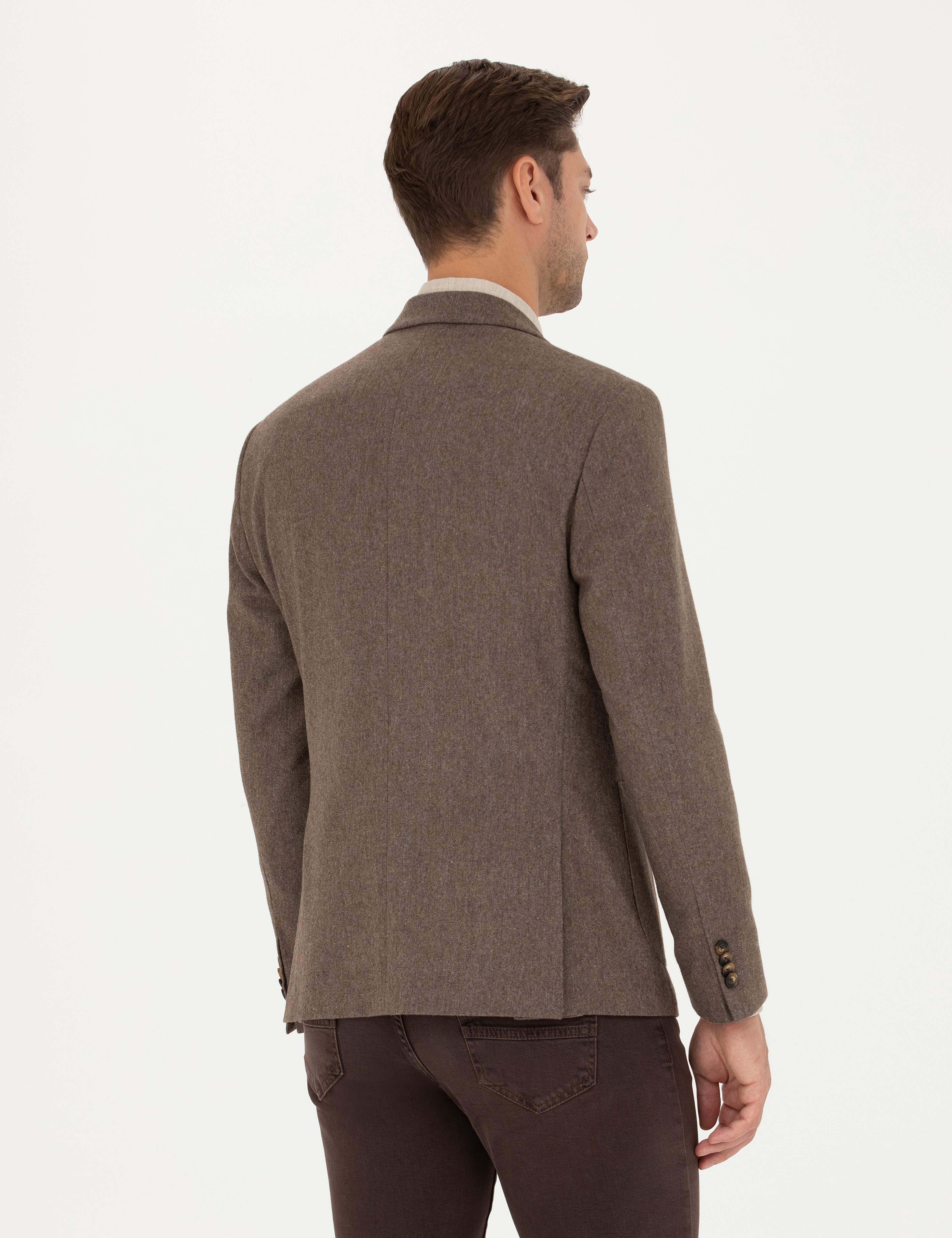 Kahverengi Yün Karışımlı Slim Fit Ceket - Image 5