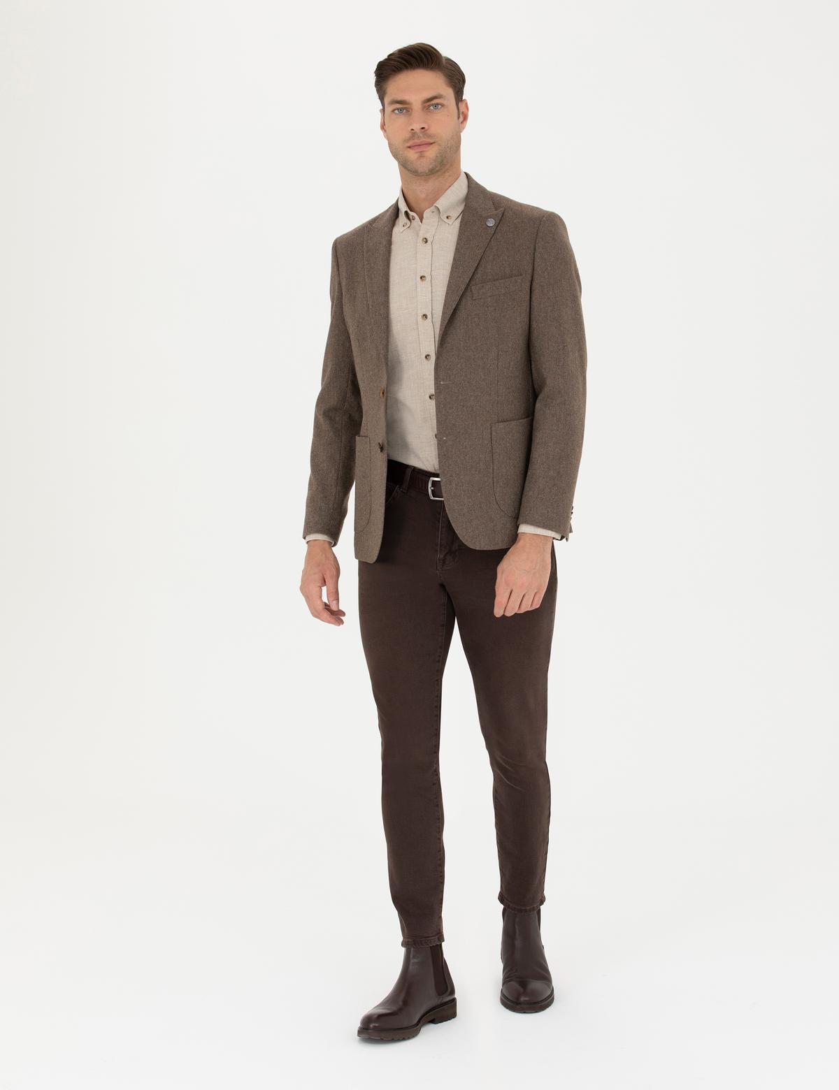 Kahverengi Yün Karışımlı Slim Fit Ceket - 50274205041